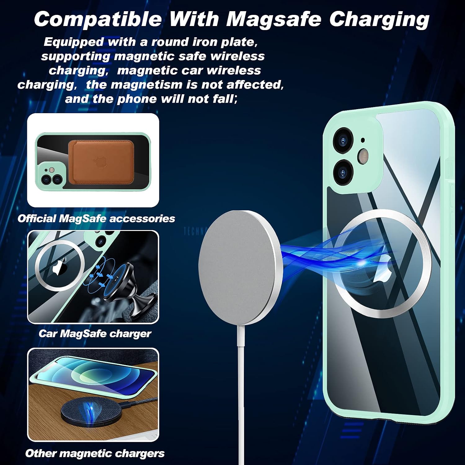 Full Body Case Designed for iPhone 12, Double Sided Buckle/Tempered Glass Phone Case with Built-in Screen Protector, Shockproof TPU Bumper Case for iPhone 12 6.1" Support Magsafe Charge - Mint