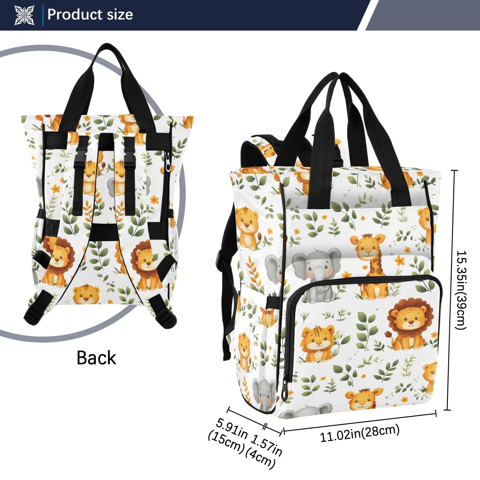 Mnsruu Borsa per pannolini per bambini, con motivo animali, elefante, tigre, borsa grande, impermeabile, da viaggio, per mamme e papà