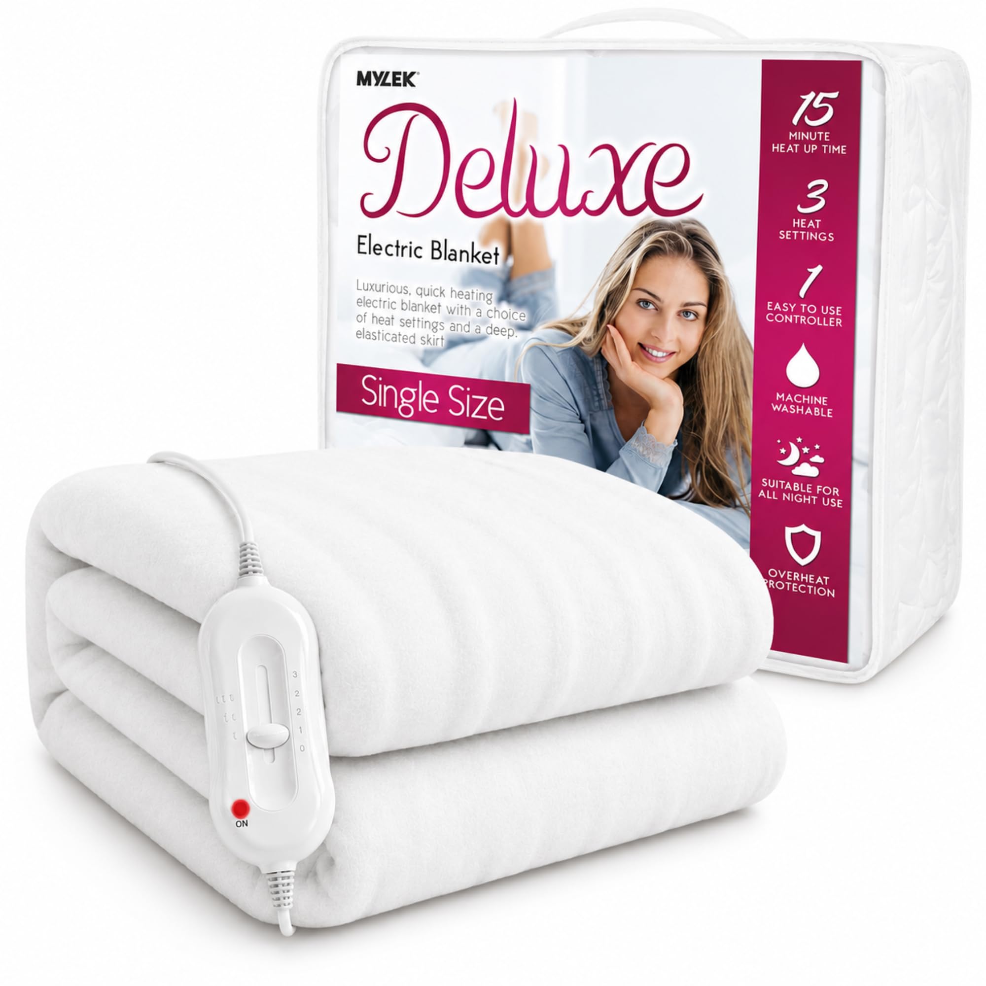 MYLEK Electric Blanket Single Size, Fully Fitted Heated Mattress Cover Underblanket with Elasticated Skirt, Overheat Protection, Fast Heat Up, Machine Washable and Safe For All Night Use (Single)