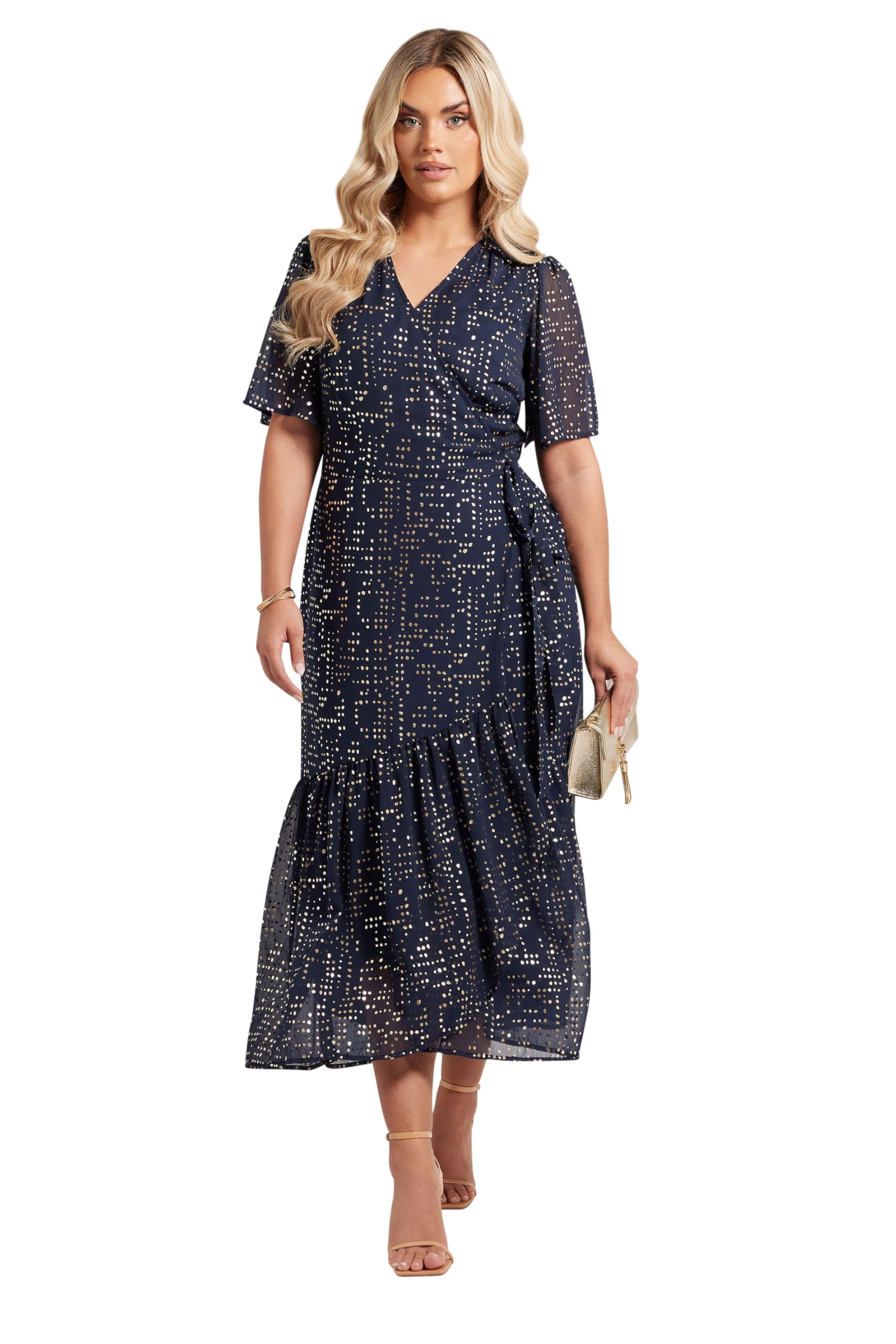 Yours Women's Navy London Curve Blue Metallic Dot Wrap Dress - Plus Curve 16 Plus