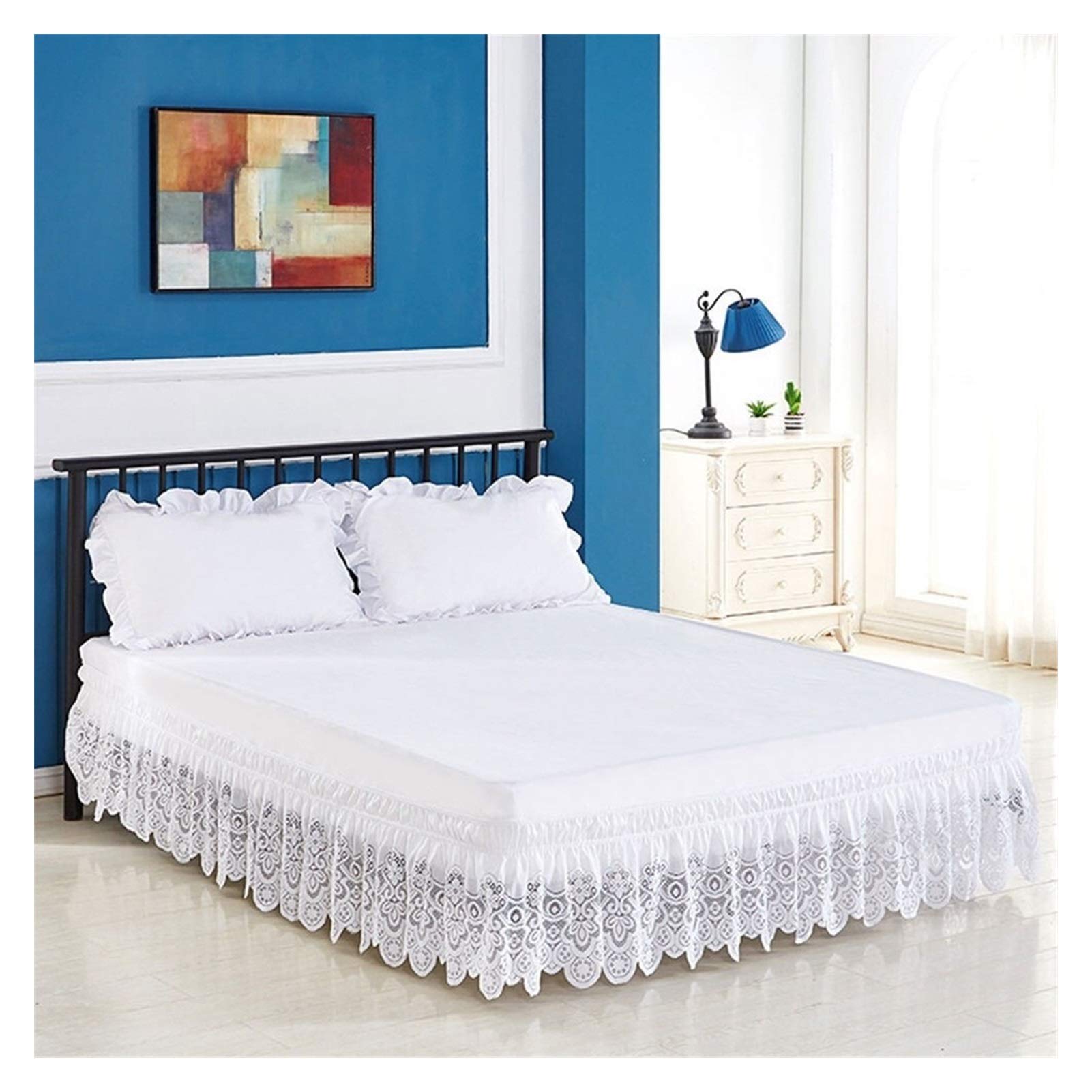 Giroletto,Gonna Letto Gonna da letto elasticizzata con rifiniture in pizzo bianco, 4 misure, senza pieghe e polvere, può essere utilizzata for biancheria da letto semplice e delicata in camera doppia(