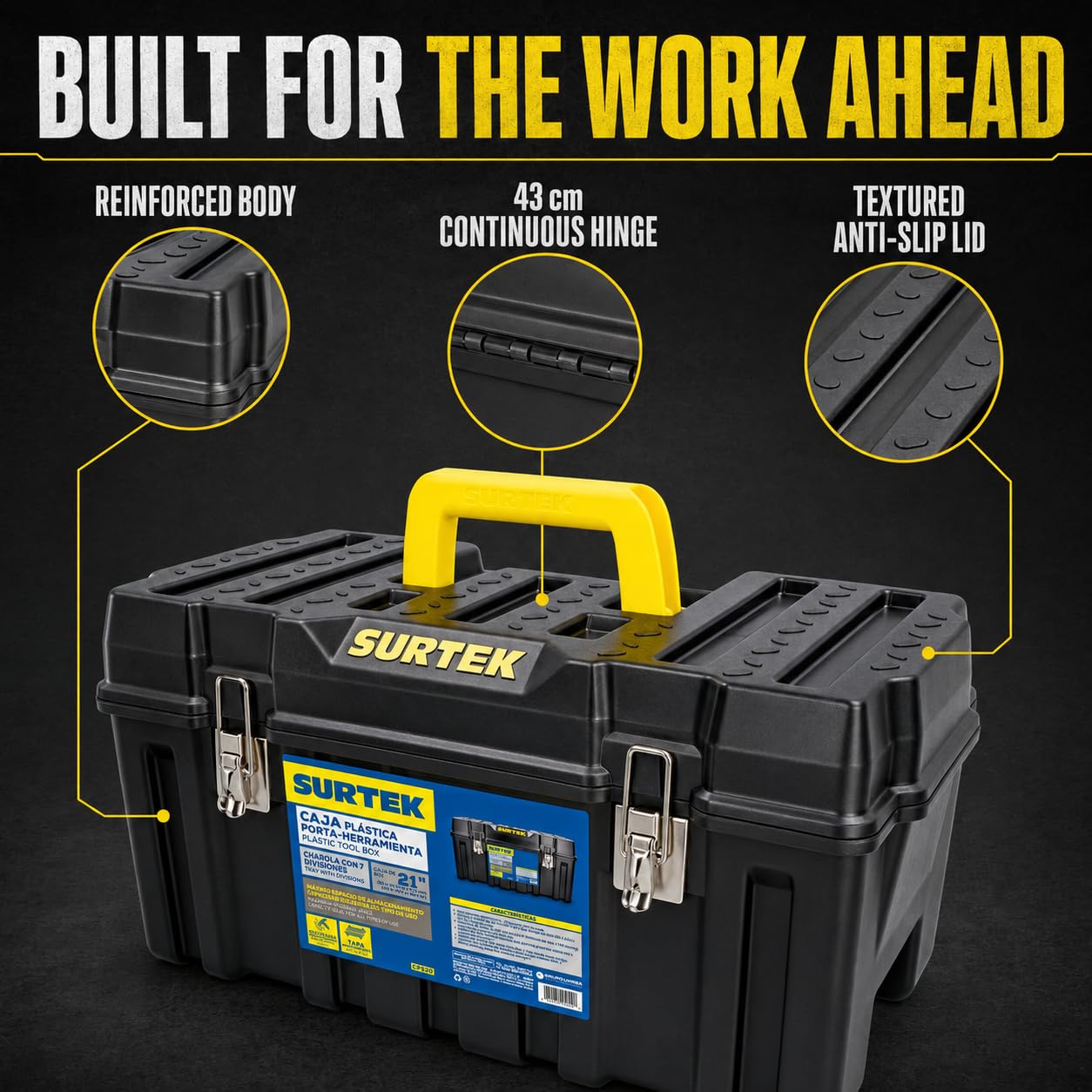 SURTEK Caja de herramientas – 21 x 11 x 10 pulgadas con construcción de plástico ABS moldeado y diseño de cierre de metal de doble cierre – CPS20, color negro