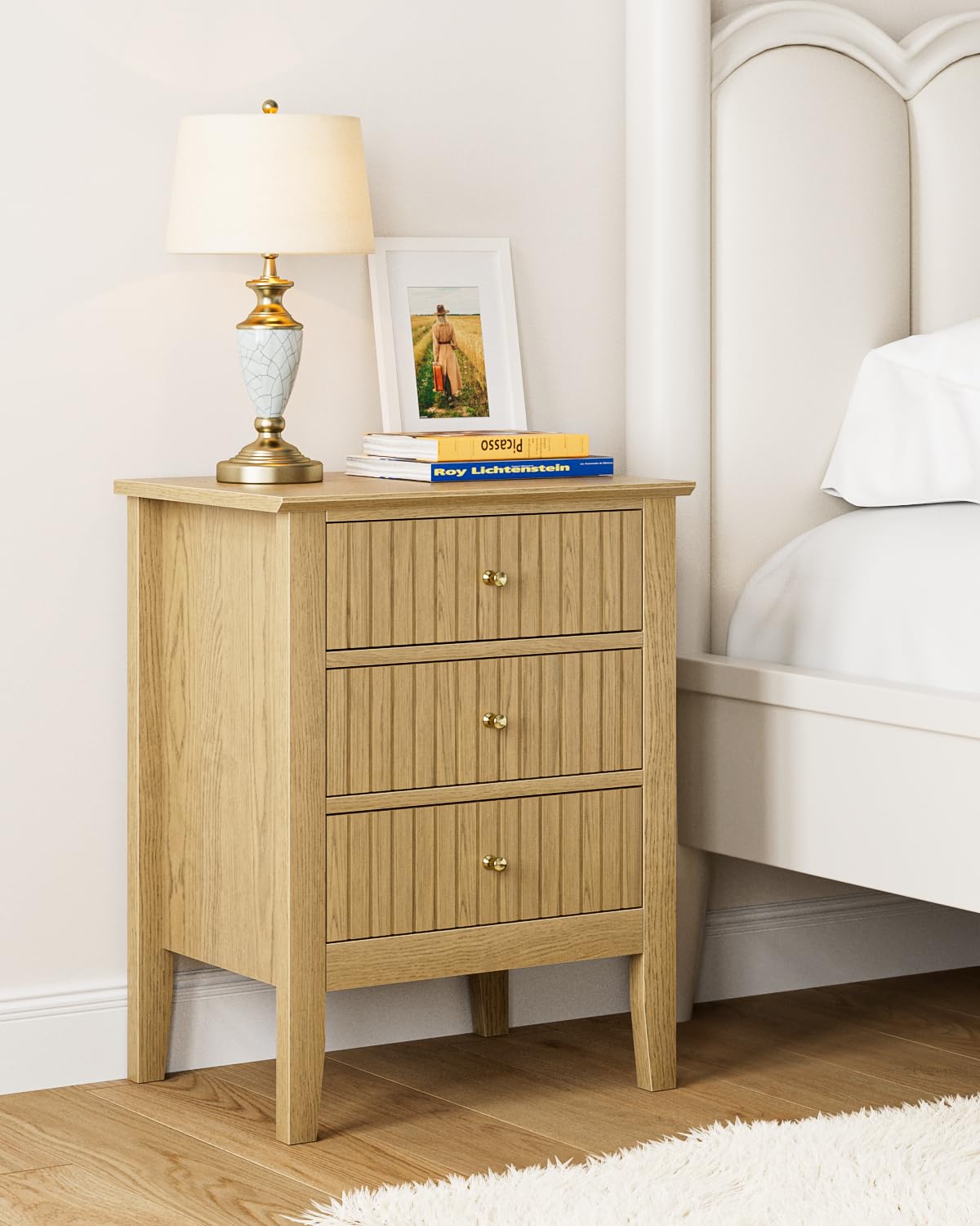 HEYZOEY Bedside Table with 3 Drawers, Vintage Bedside Cabinet, Wooden Side Table with Storage, Retro End Table for Bedroom, Living Room and Home Office(Dark Oak, 17.8 x 13.3 x 24 in)