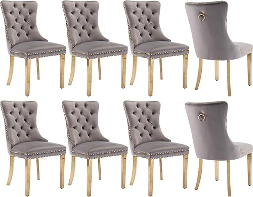 Miniatura 34 de Juego de 6 sillas de comedor de terciopelo, sillas tapizadas con respaldo alto capitoné con ribete de cabeza de clavo y anillo de tracción, patas de