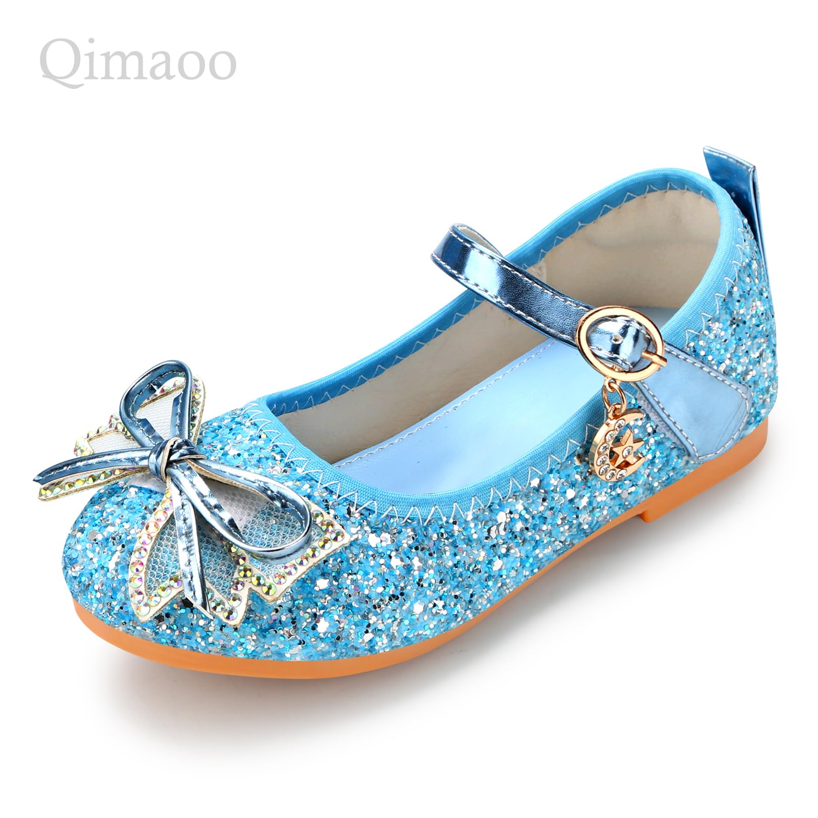 Qimaoo Girls Dress Shoes Mary Jane Princess Shoes Girls' Flats Glitter Low Heels Flower Wedding Party Footwear - 9 Toddler (740 Blue)