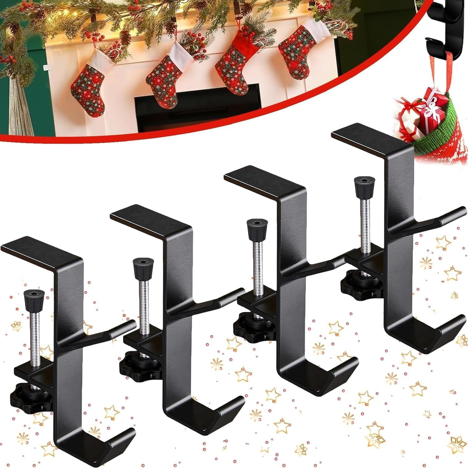 Fireplace Stocking and Garland Hanger, 2 in 1 Garland Stocking Hangers, Christmas Hooks Stocking Holders for Mantle Garland Hanger Mantle Hooks for Home Party Decoration (Black, 4pcs)