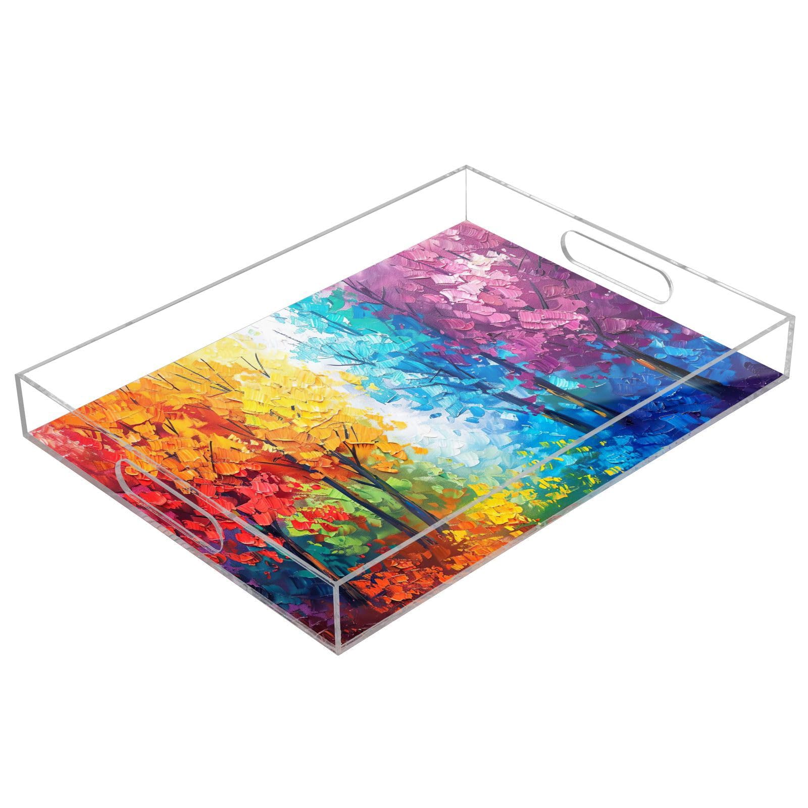 BOESI Oil Painting Colourful Tree Pattern Acrylic Decorative Dining Tray, Acrylic Decorative Tray Organizer with Handle for Kitchen, Dining Room, Bathroom, Dresser