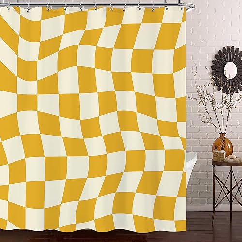 Cortina de ducha a cuadros amarillos de los años 60 y 70, cortina de ducha moderna Y2K para baño, juego de cortina de ducha impermeable para