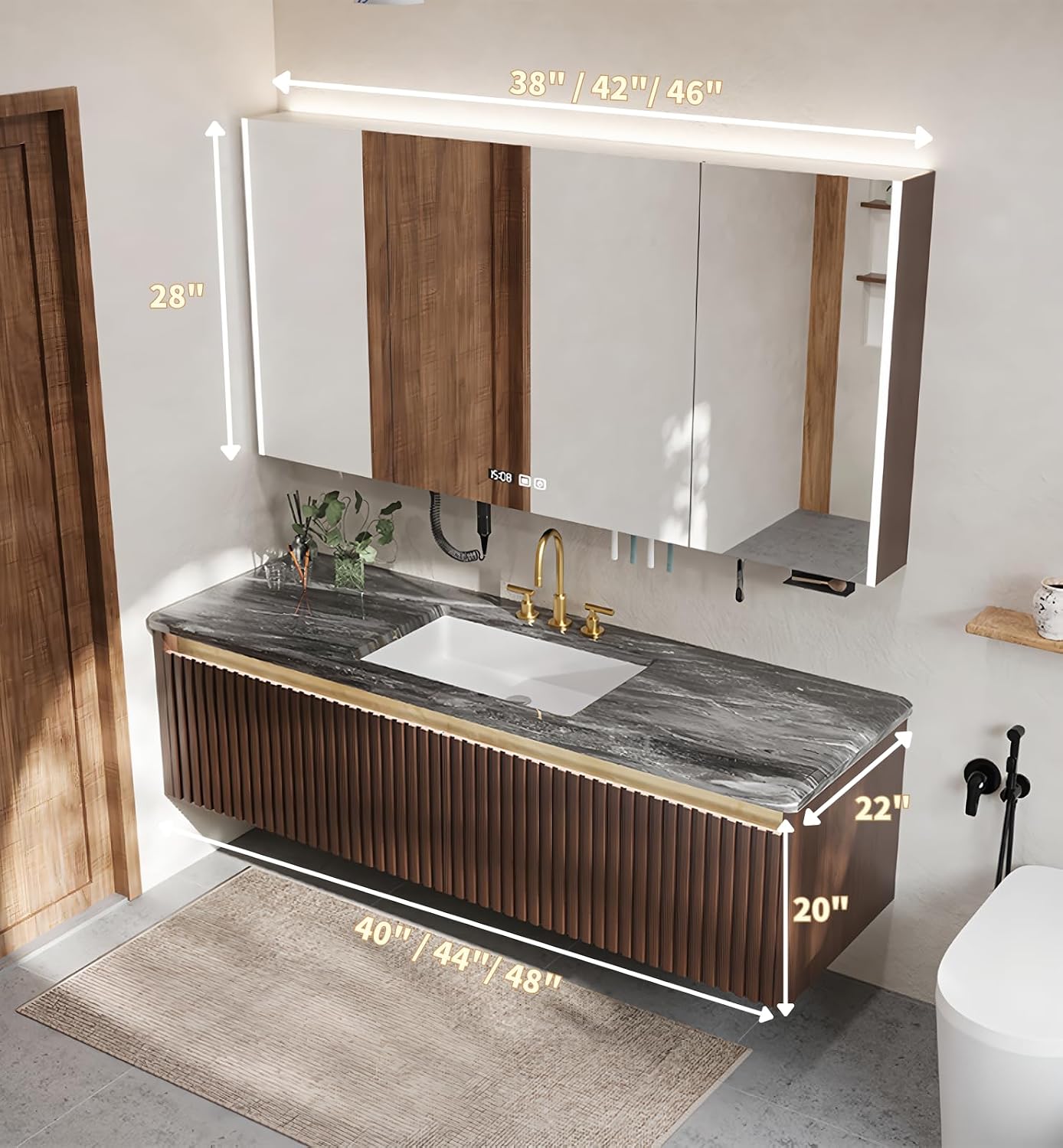 Floating Bathroom Vanity, 44 inch Solid Wood Single Sink Vanity Set Includes Smart LED Mirror Cabinet, Functional Storage Rack, Cabinet with Luxury Marble-Textured Countertop and Golden Faucet image 2