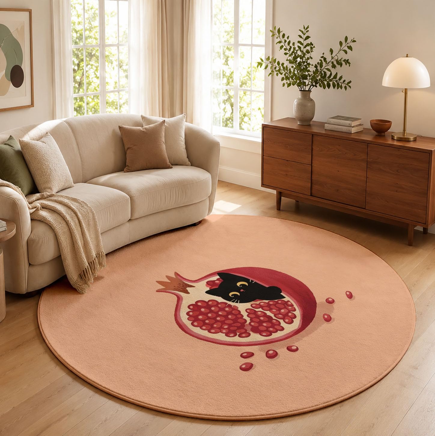 Frischer Obststil Kinderteppich, 160cm Kurzflor Rund Spielmatte Granatapfel Der Schwarzen Katze Runder Teppich rutschfest, Waschbare Spielmatte Deko-Akzent für Kinderzimmer & Leseecke