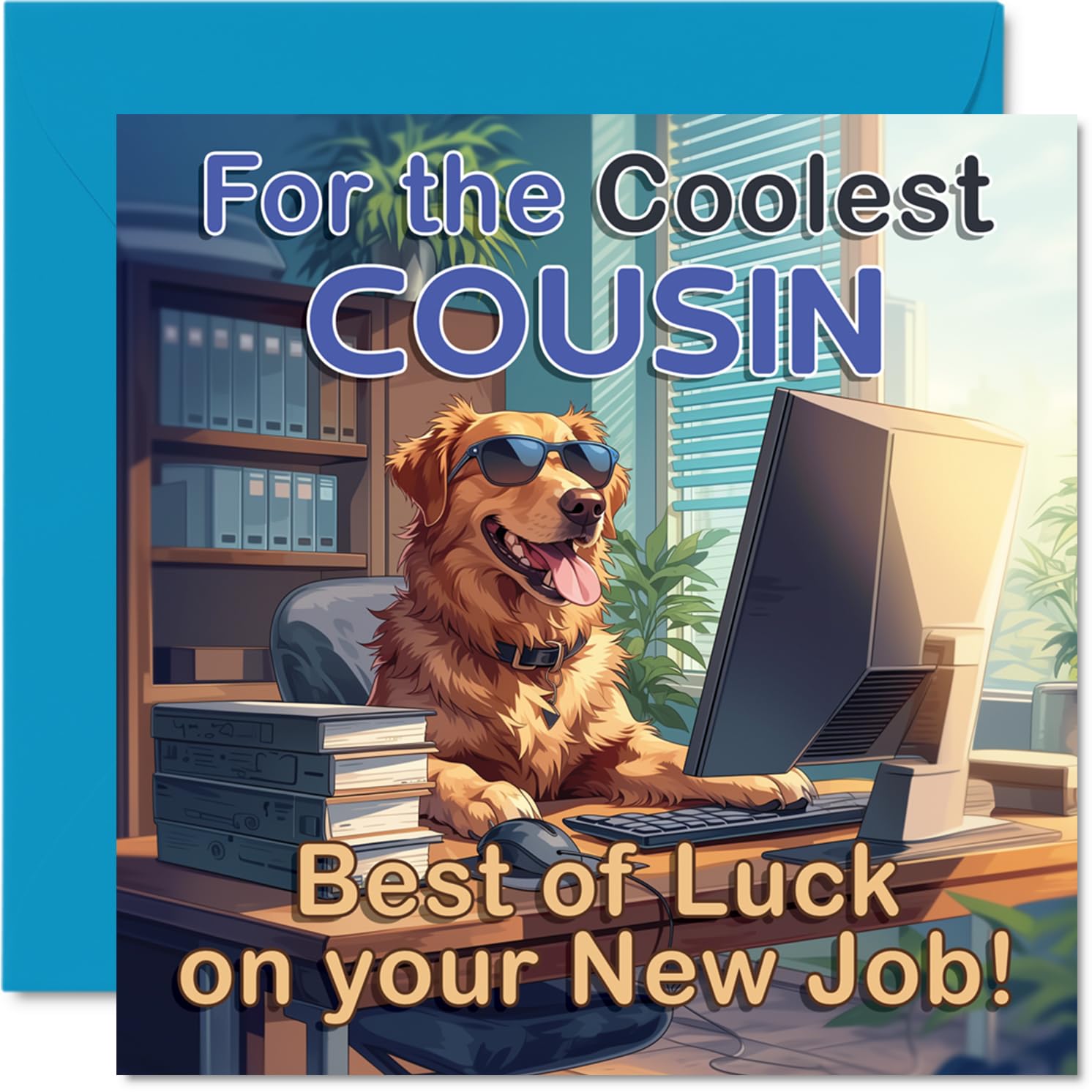 Supportive New Job Card for Cousin - Cheeky Dog in Shades Brings Office Vibes - Golden Retriever at a Desk Wishing Good Luck - 145mm Square, Envelope Included