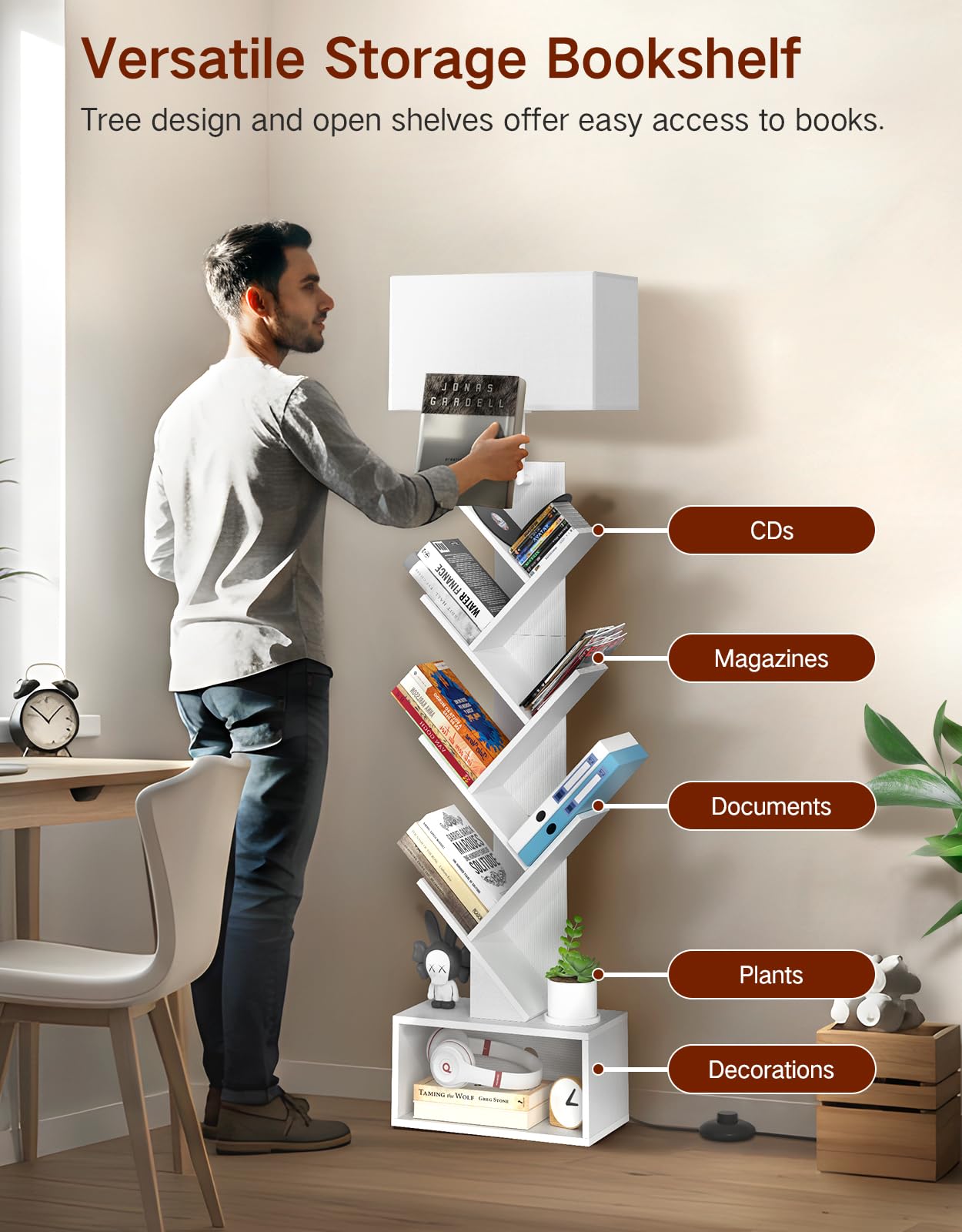 Libreria a Forma di Albero in Legno con Luce, Scaffale Autoportante a 6 Ripiani ad Angolo con Telecomando – Libreria Salvaspazio per Libri, CD, per Soggiorno, Studio, Ufficio (Bianco)