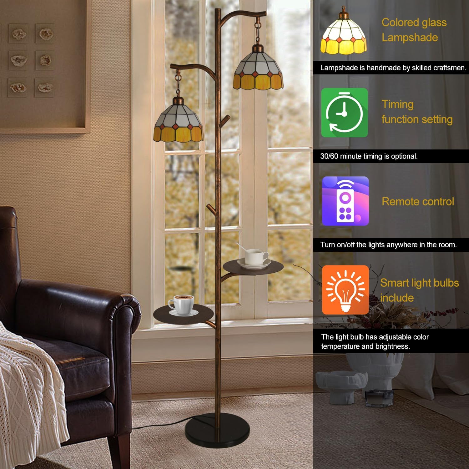 beaysyty Tiffany Style Stained Glass Retro Floor Lamp with Tray, Dimmable Floor Lamps, Custom Color Temperature Standing Lamp for Living Room and Bedroom,Painted Red Copper