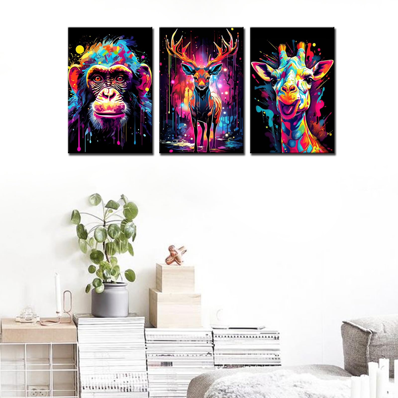 Tucocoo Living Room Wall Art Decor Monkey Deer Giraffe Pictures Animals Portrait Paintings 3 Panel Canvas Graffiti Colourful Modern Artwork Home Decorations Wooden Framed Ready to Hang 48''Wx24''H - Image 2