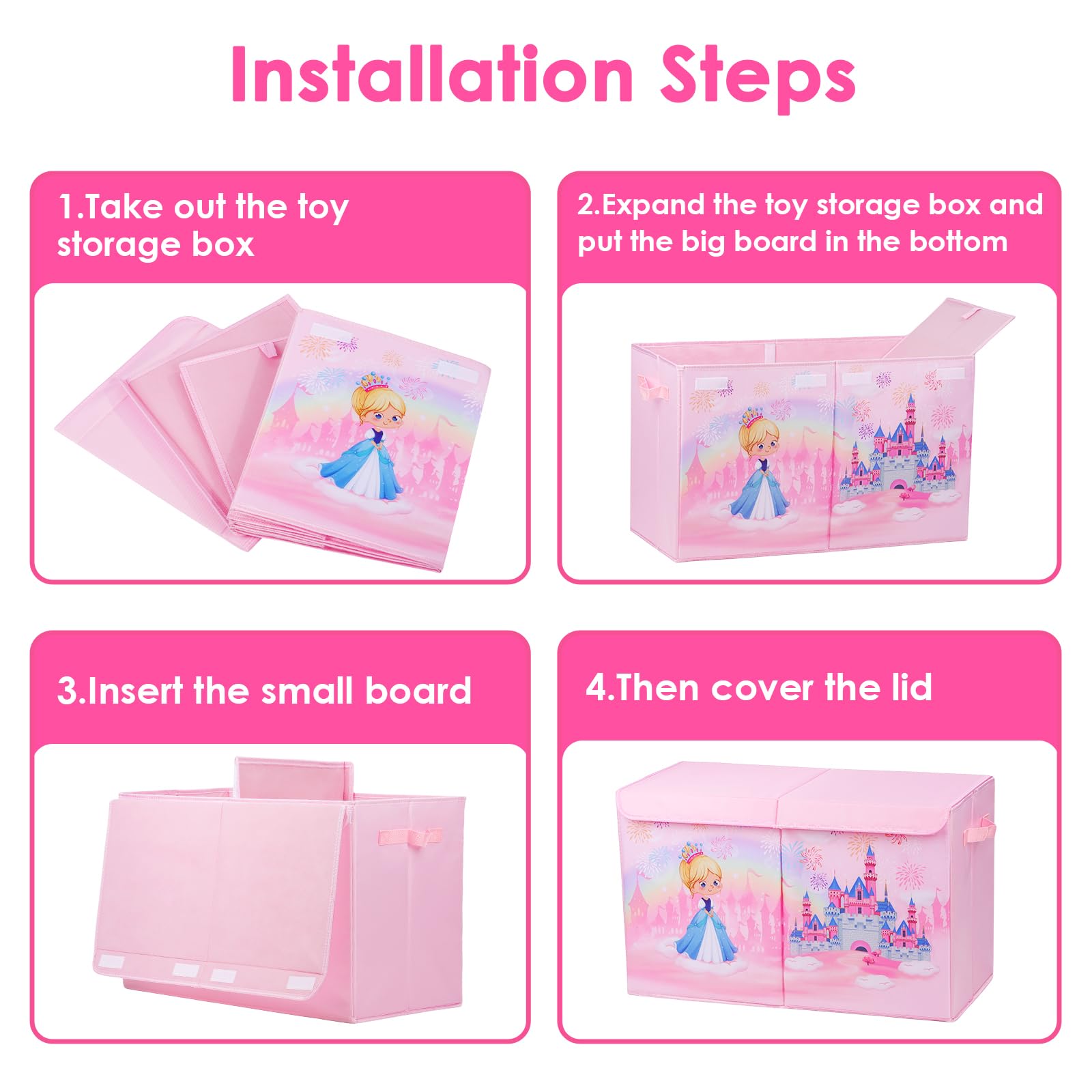 Caja de Juguete con Tapa Abatible para Infantils, Caja Almacenaje Plegable Oxford con Asa para Niños Niñas, Baúl Juguetes y Almacenamiento Impermeable Robustez, 65×30×40 cm (Castillo Princesa)