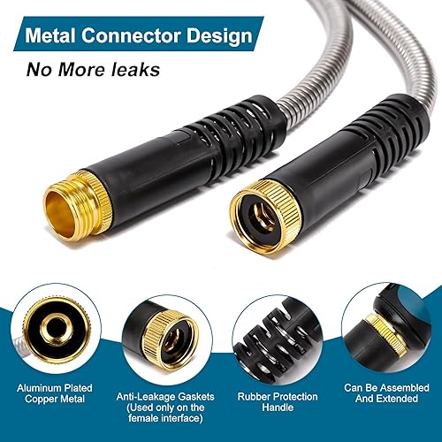 Miniatura 4 de Manguera de jardín de metal de 50 pies, manguera de acero inoxidable, manguera de agua con boquilla de 10 funciones, sin torceduras ni enredos,