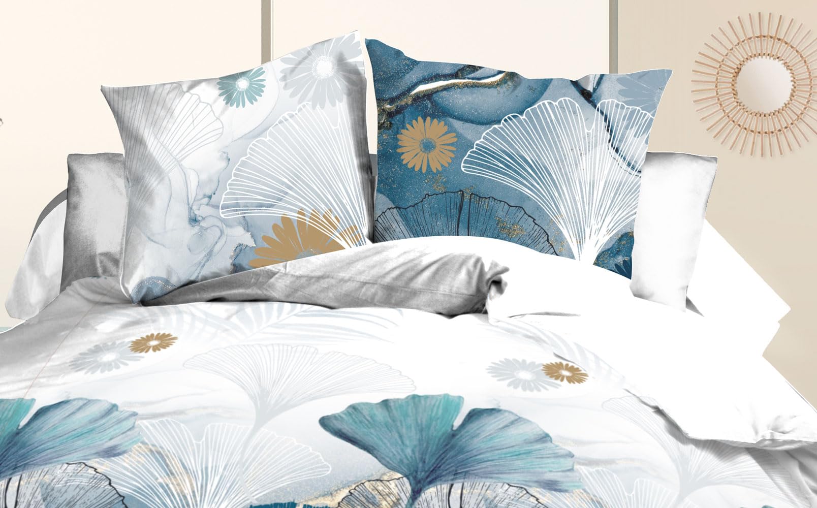 Le Linge de Jules Parure Drap Plat + Drap-Housse 140x190 + 2 Taies - Microfibre Douce et résistante - Entretien Facile - Ginko, Bleu