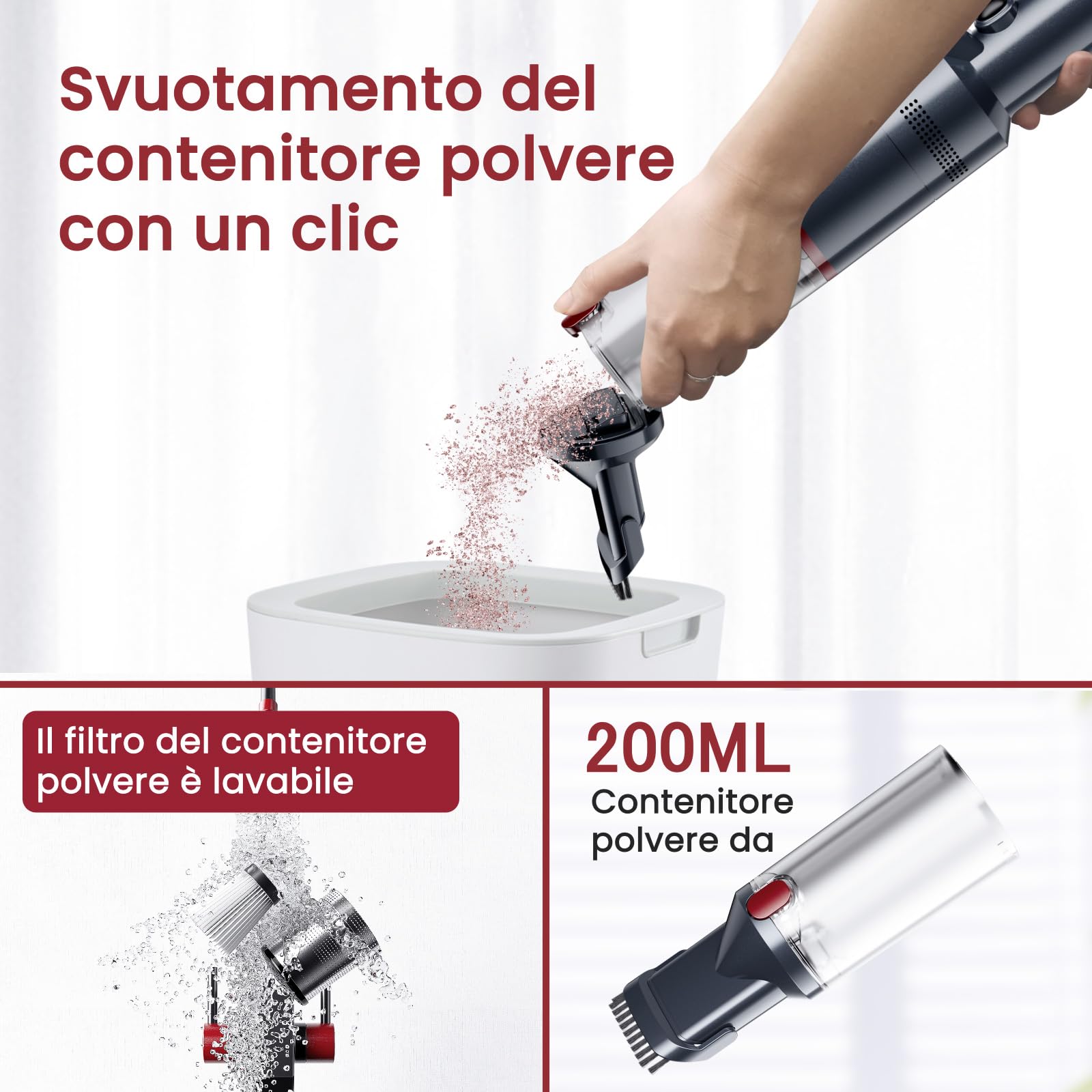 Aspirapolvere a mano, 17000 Pa, mini LED senza fili, batteria a batteria, 30 minuti, leggero, per auto, casa, camper, peli di animali, con supporto di ricarica, carica di tipo C, scatola di