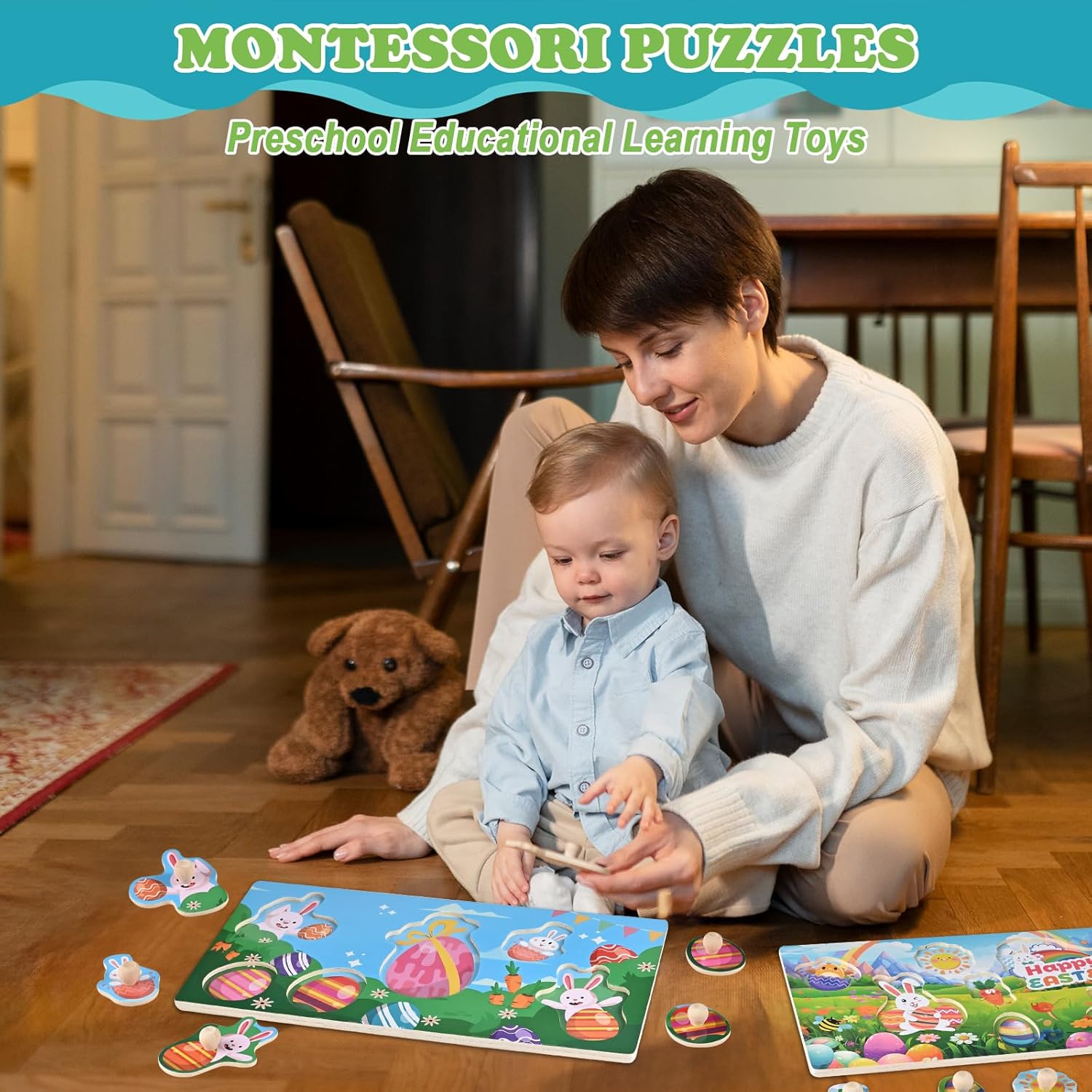 Easter Basket Stuffers-2 Pack Easter Puzzles, Wooden Peg Puzzles for Toddlers 1-3, Montessori Learning Toys, Easter Basket Fillers Gifts Party Favors for Kids Boys Girls