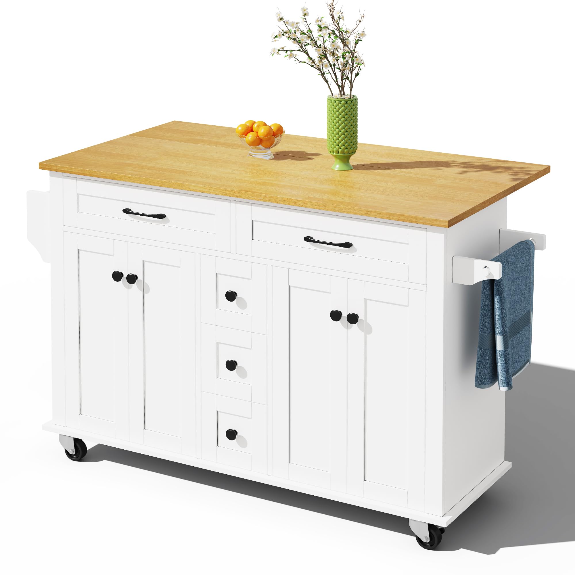 Merax Kücheninsel, Kitchen Island mit Klappbarer Arbeitsplatte, 5 Rollen, 2 Schrank, 5 Schubladen, Handtuchhalter und Gewürz, Küchenwagen, Küchenschrank für Küche, Esszimmer, 140×65×89cm (Weiß)