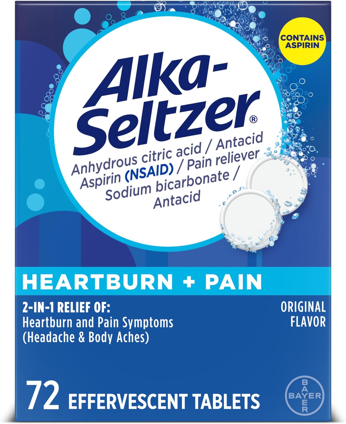 Alka-Seltzer Heartburn + Pain Effervescent Aspirin + Antacid Tablets, 72 ct