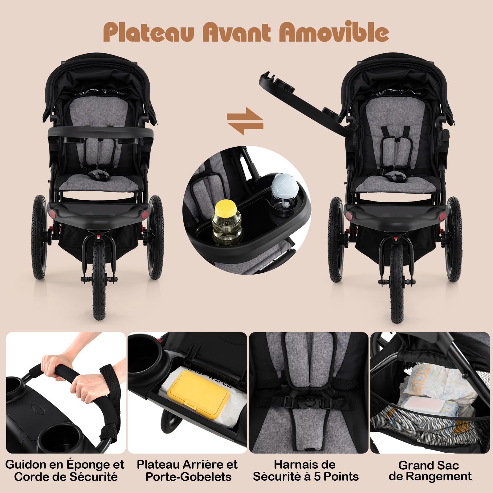 COSTWAY Poussette Canne Bébé avec Capote Réglable & Siège Inclinable, Poussette Bébé Pliable 3 Roues avec Plateau Amovible & Porte-gobelets, Sac de Rangement, Pneus en Caoutchouc, 0-4 Ans, 0-22 kg