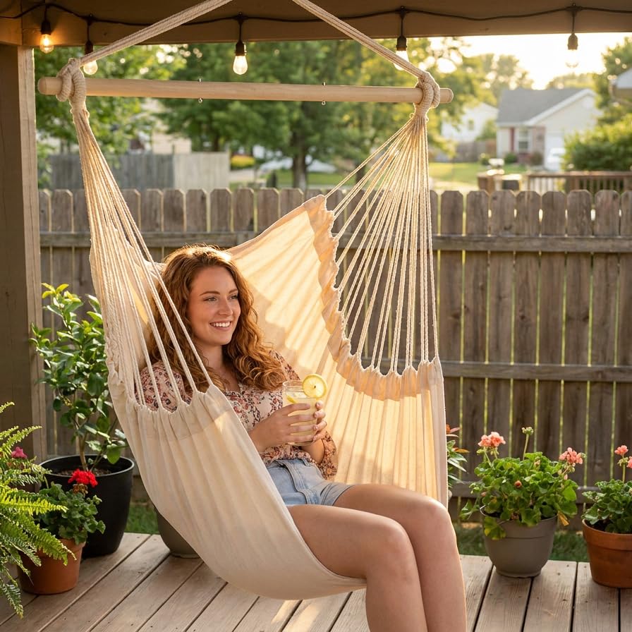 Image of ADVOKAIR Hammock Chair Swing, Heavy-Duty Hanging Rope Swing Seat Supports 500 Lbs, Ideal for Outdoor Patio, Backyard, Porch, Deck & Indoor Bedroom Use
