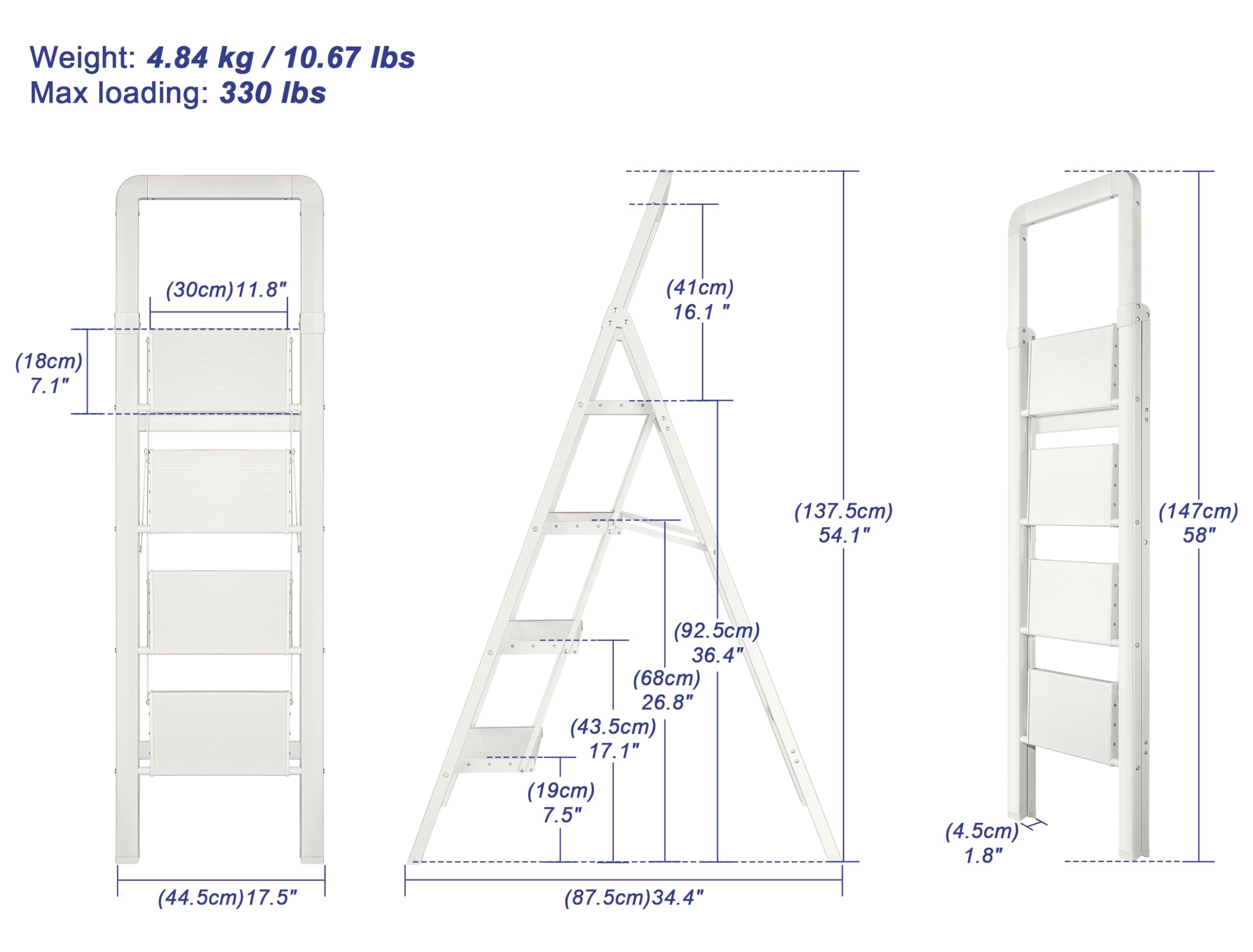 Trittleiter, zusammenklappbar, 4-stufig, Aluminium, faltbar, rutschfest, tragbar, stabil, für Zuhause und Küche, Büro, 150 kg