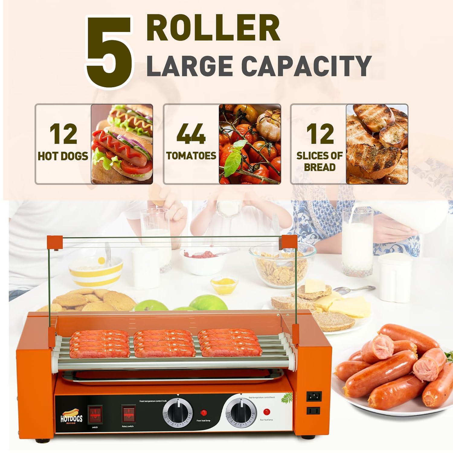 Hot Dog Roller Grill 1000W – Parrilla para salchichas con rodillo, control de temperatura dual, bandeja de goteo extraíble y cubierta, máquina calentadora perfecta para perros calientes para uso