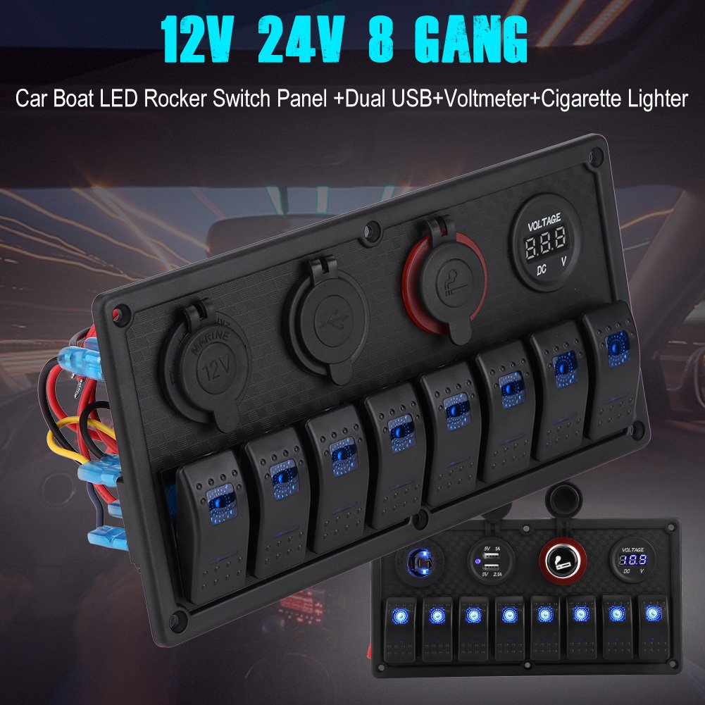 8 Gang Rocker Switch LED Control Panel Dual USB Voltmeter Cigarette Lighter SPST/ON-OFF Universal for all 12V-24V vehicle, yacht, ship, caravan, bus, car