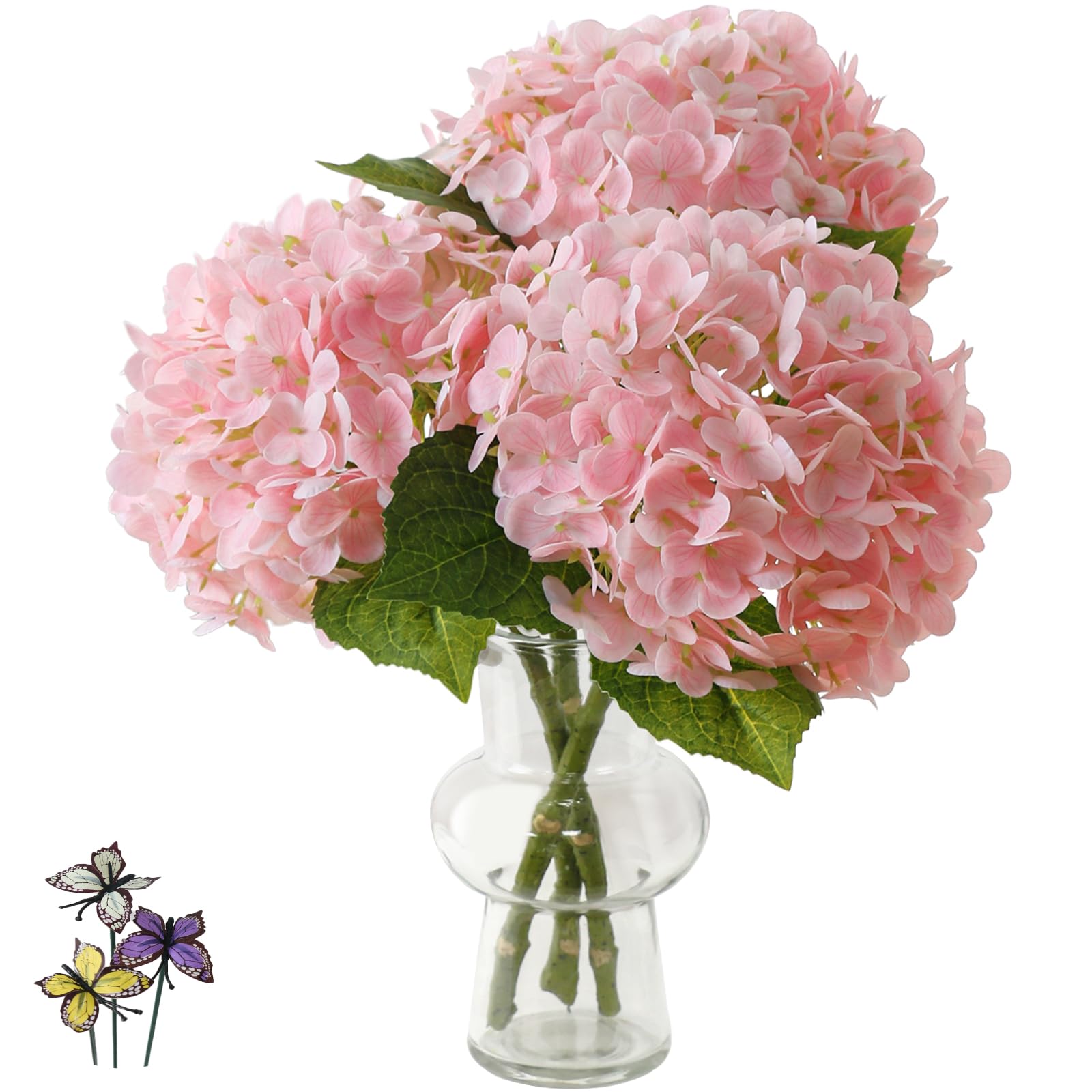 Leftover 21" Pink Hydrangea Artificial Flowers,3 Pcs Real Touch Hydrangea Flowers with Butterflies for Centerpiece Table Decorations,Floral
