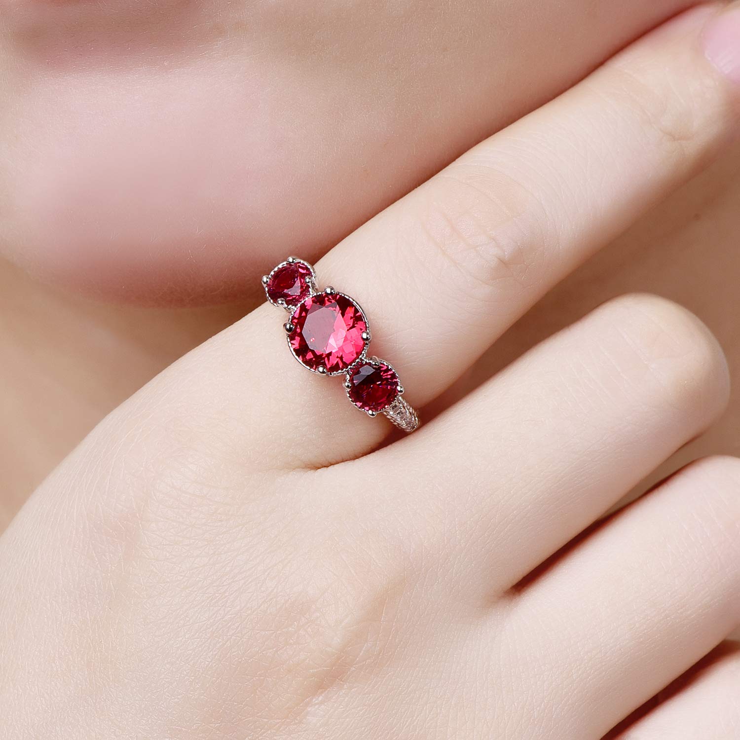 Emsione 925 Sterling Silver Plated Created Ruby Spinel Round Cut 3-Stone Elegant Eternity Promise Ring Engagement Wedding Bands for Women Size 7