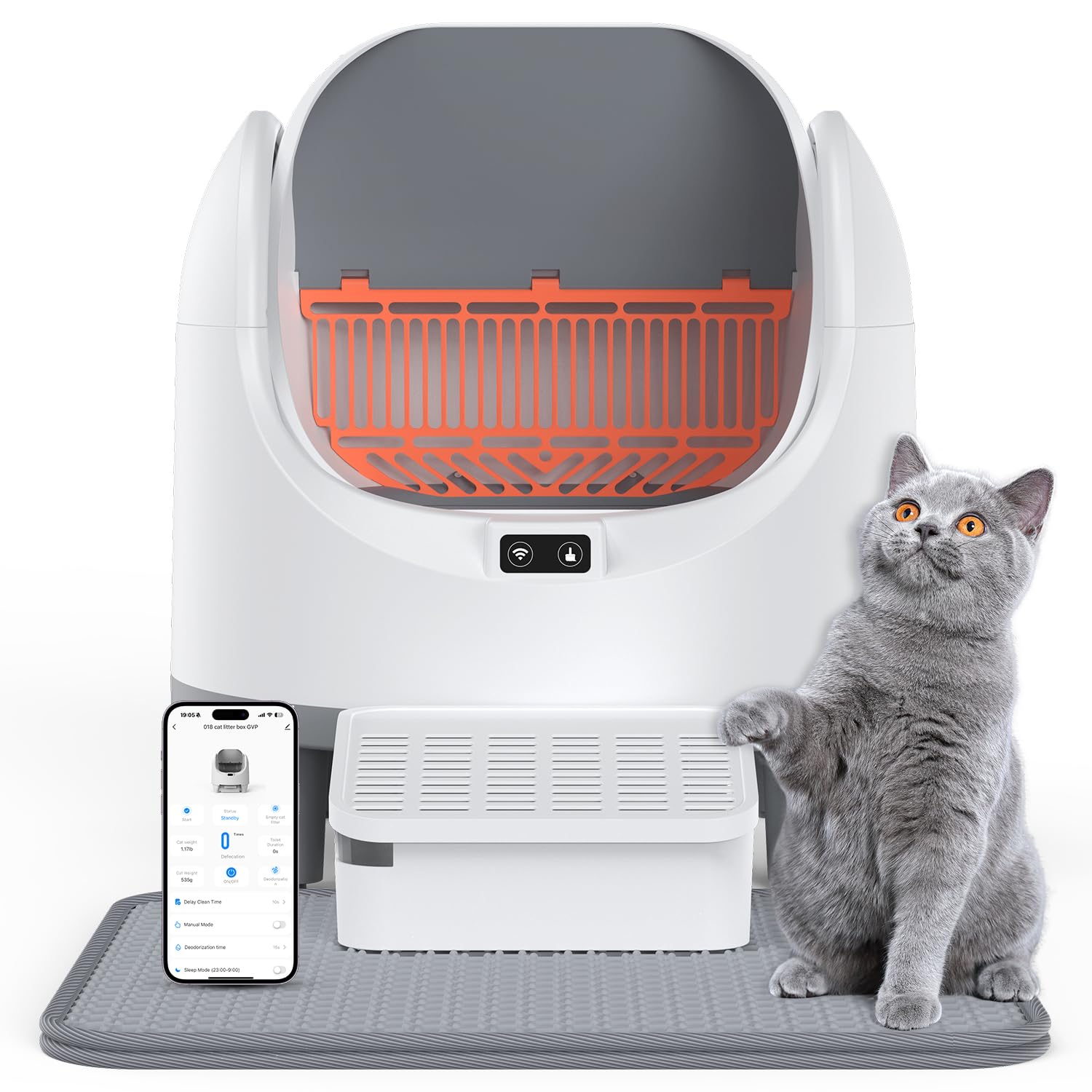 Lettiera per gatti autopulente con parte superiore aperta per gatti grandi (10 kg), Lettiera automatica XL, controllo degli odori, 10 sensori di sicurezza, monitoraggio del peso, lettiera robotica