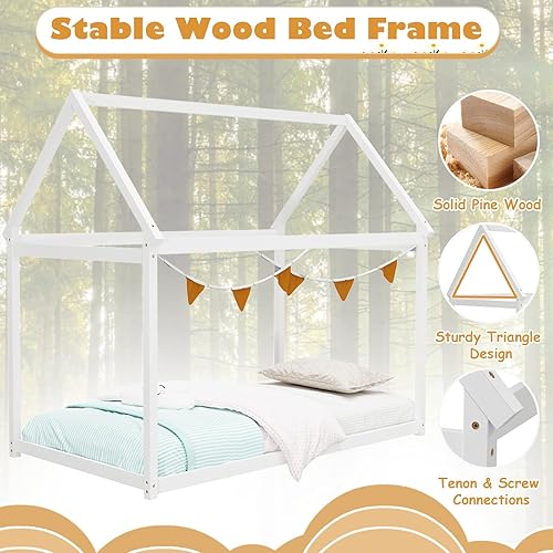 Miniatura 20 de KOMFOTT Marco de cama individual para niños, plataforma de madera maciza para niños con techo y múltiples listones, marco de cama para niños