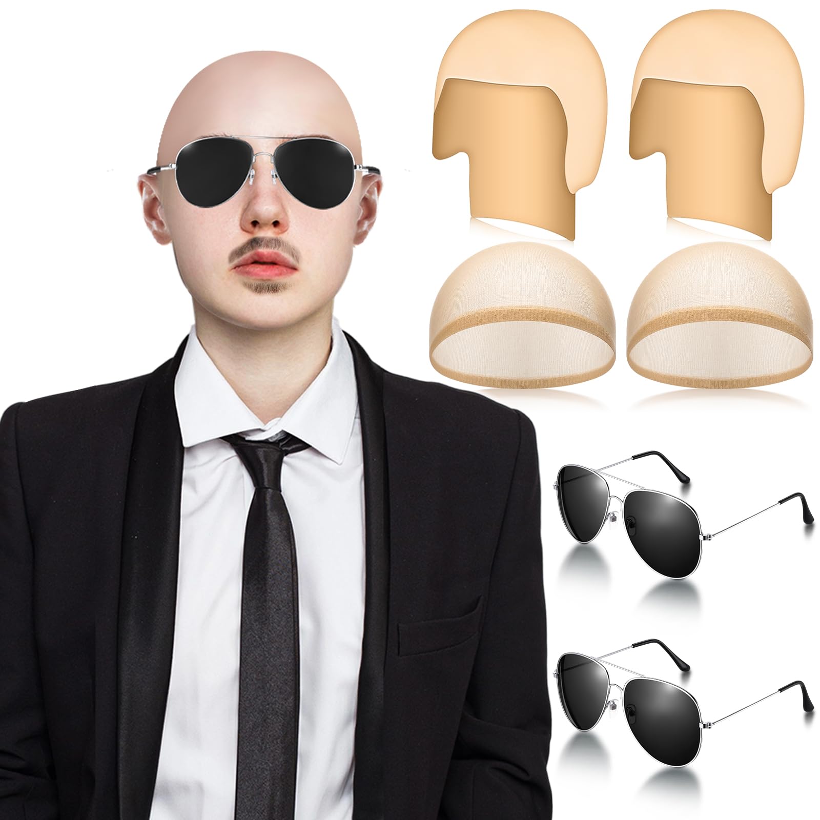 Sinmoe 6 Pezzi Parrucca Pelata Bald Caps Pelata Finta con Occhiali Cuffia per Parrucca Accessori per Costumi per Halloween e Cosplay per Adulti, Donne e Uomini