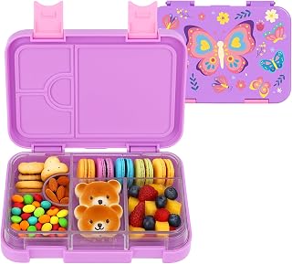 PinkSheep Lunch Box for Kids 750ml Bento Lunch Boxes, BPA Free Leakproof Baby Food Container with 6 Compartments, Back to School Students Daycare Lunches/Snack Containers, Tritan (Butterfly)