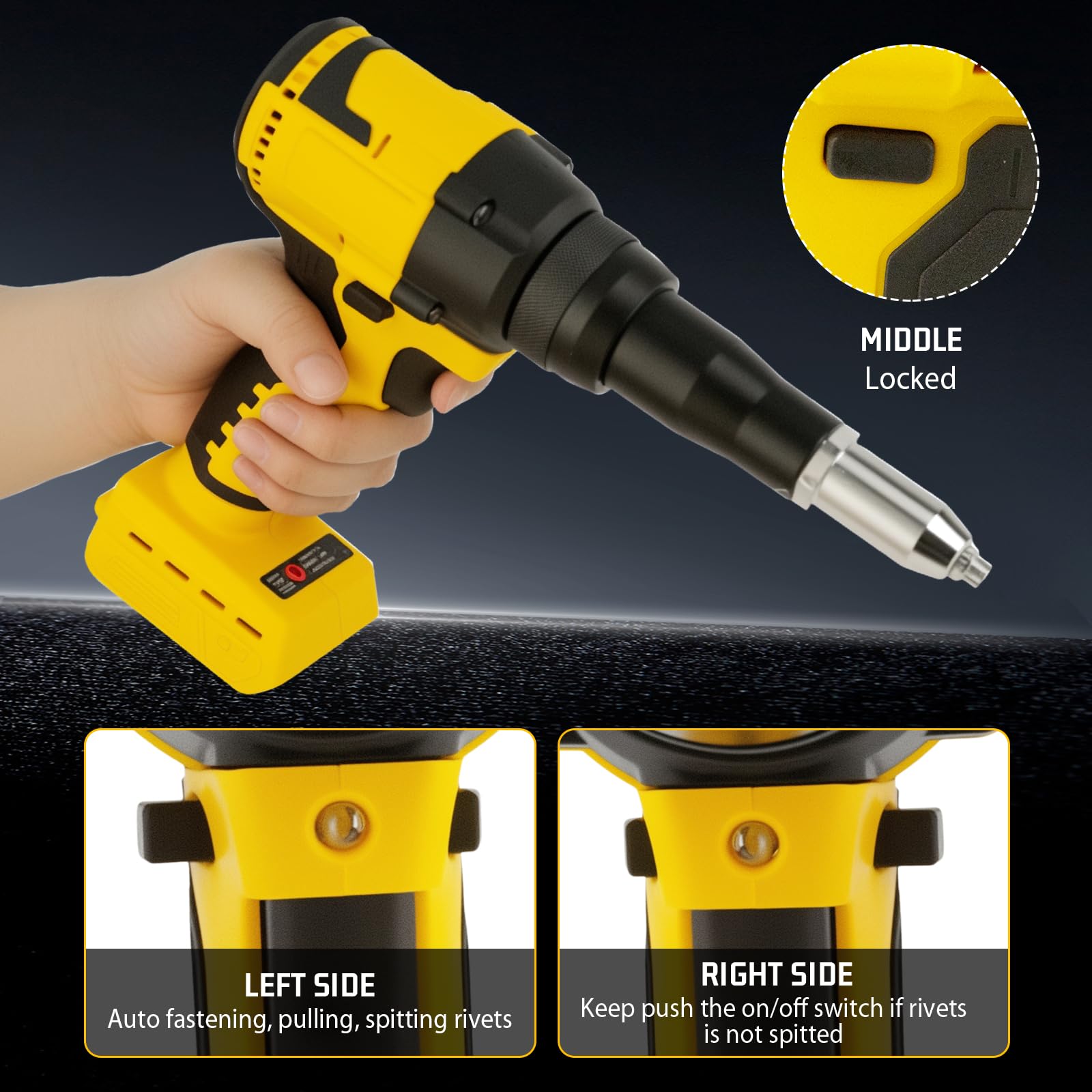 LIROPAU Pistola Remachadora Inalámbrica Compatible con Batería Dewalt 20V, Kit de Pistola Remachadora Automática Portátil de 0,6 cm, 3/16", 5/32", con Luz LED, 20 Remaches, 3 Adaptadores y Guantes