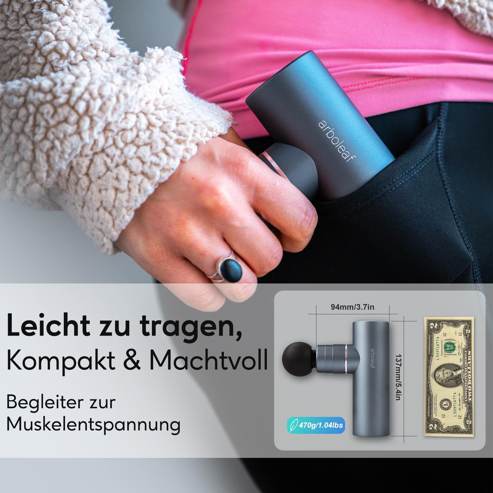 arboleaf Mini Massagepistole Massagegerät Massage gun, 3200rpm 0,47kg mit AI Stufen 4 Silikon-Aufsätze, leise Muskelpistole mit Tasche Muscle Gun für Muskelentspannung stark Akku USB-C