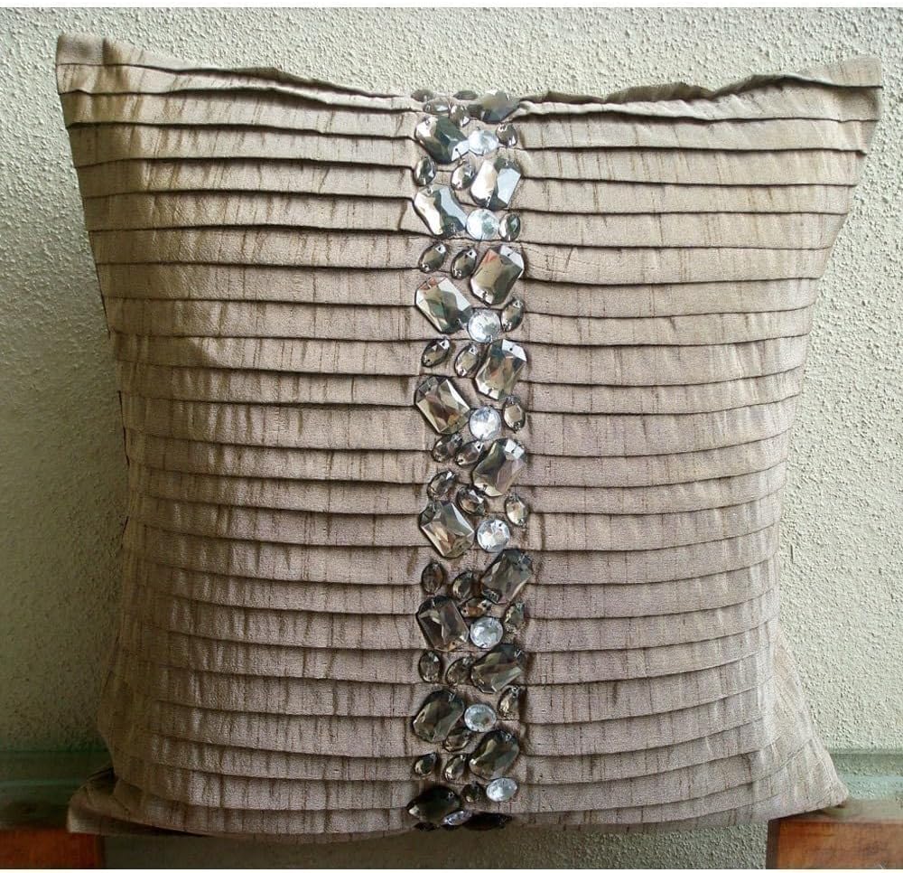 The HomeCentric Cushion Cover, Champagne Brown Pillow Cover, Contemporary Throw Pillow Cover, 12x12 inch (30x30 cm) Pillow Cover Decorative, Art Silk Square Cushion Cover, Crystals - Almost Real