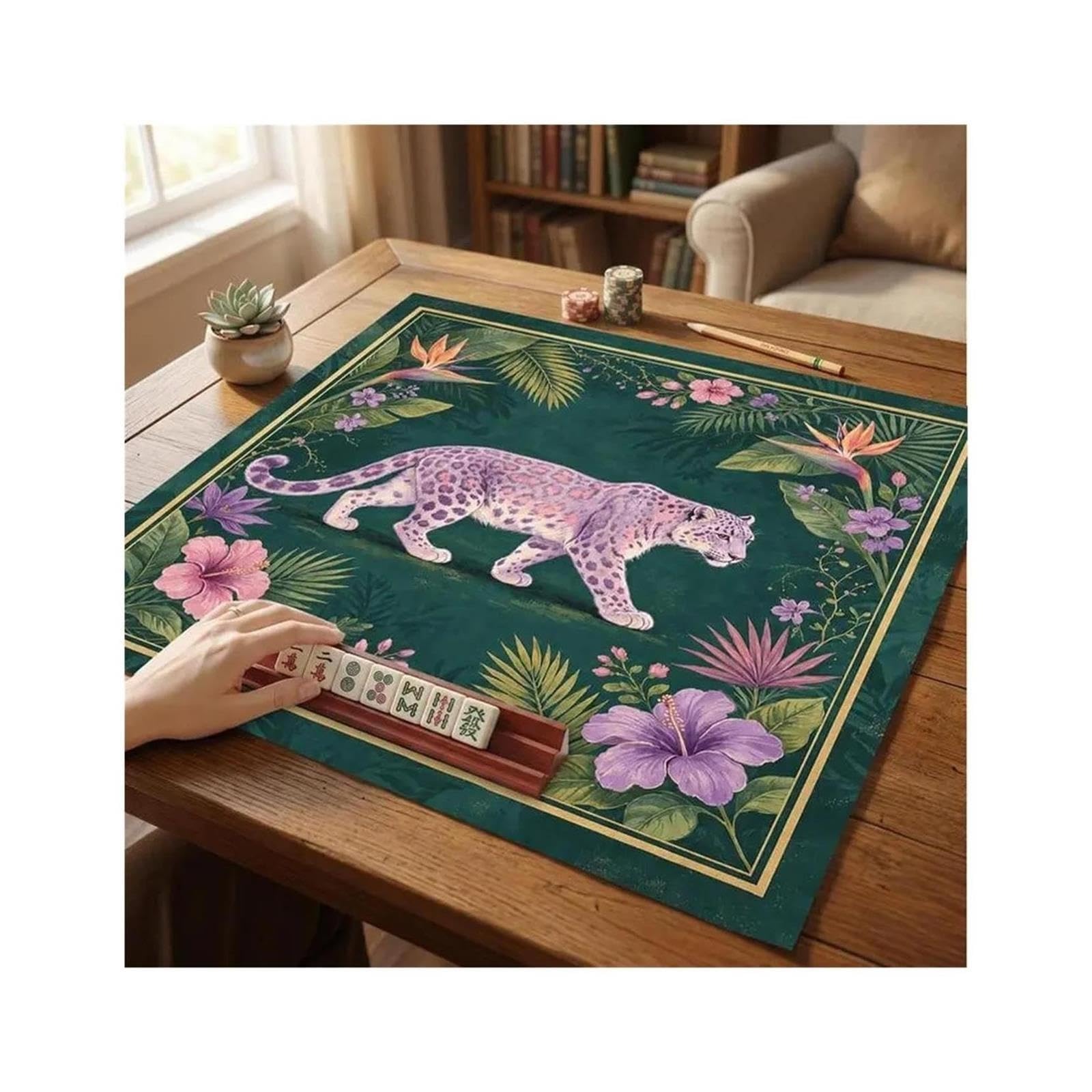 Tappeto Mahjong Tappetino Mahjong leopardo verde scuro viola silenzioso for la casa della giungla vintage(Star Tiger,70x70cm 28inch)