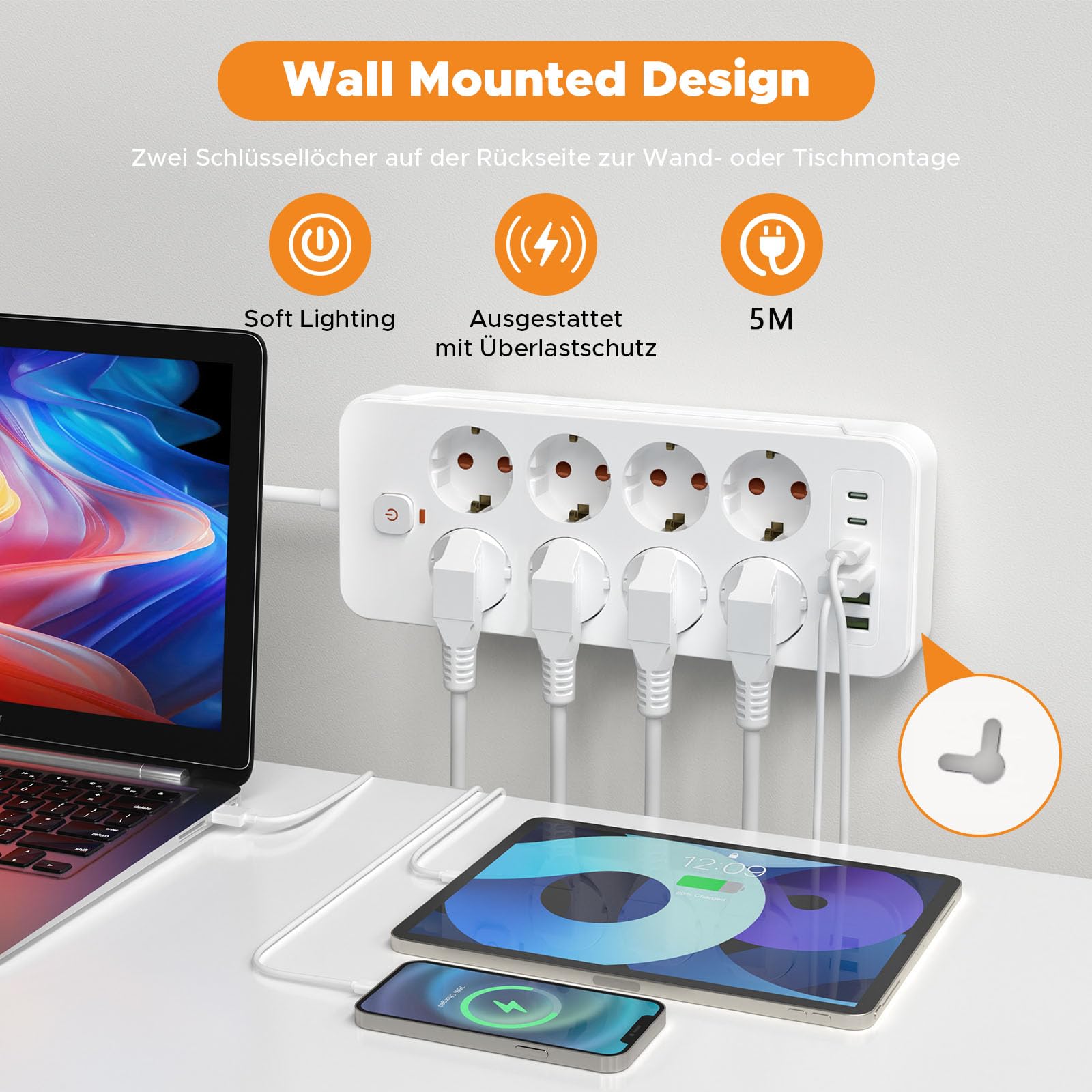 Regleta múltiple con USB C, regleta SNYZPN con interruptor de 8 tomas, cable de extensión de 5 m, cable de extensión con regleta de enchufe, protección contra sobretensiones, 3680 W, montaje en pared