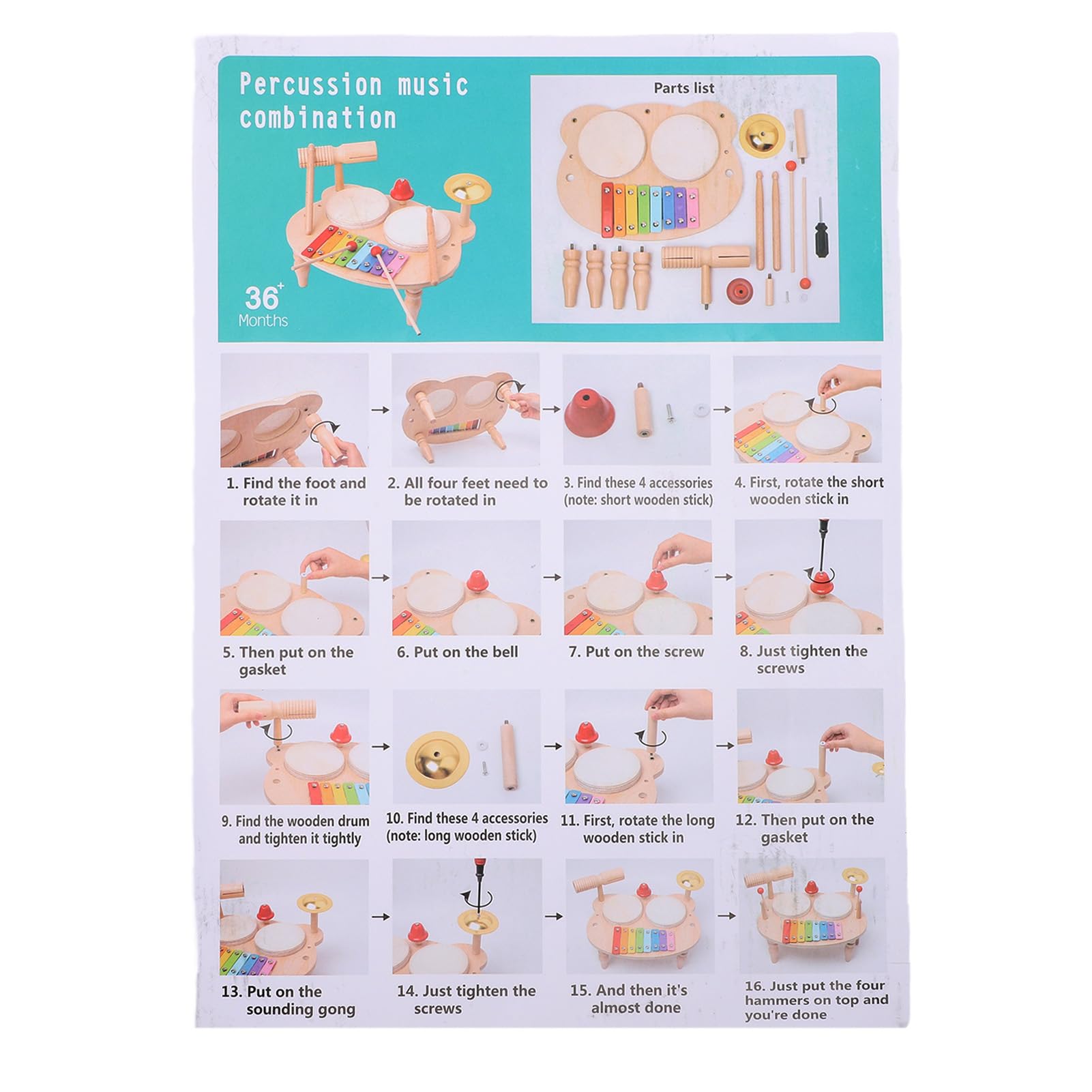 Jiawu Set di Batteria per Bambini in Legno, Costruzione in Tiglio Codificato a Colori per l'apprendimento degli Strumenti a Percussione in Legno, Giocattolo Musicale in con Bacchette e Accessori per