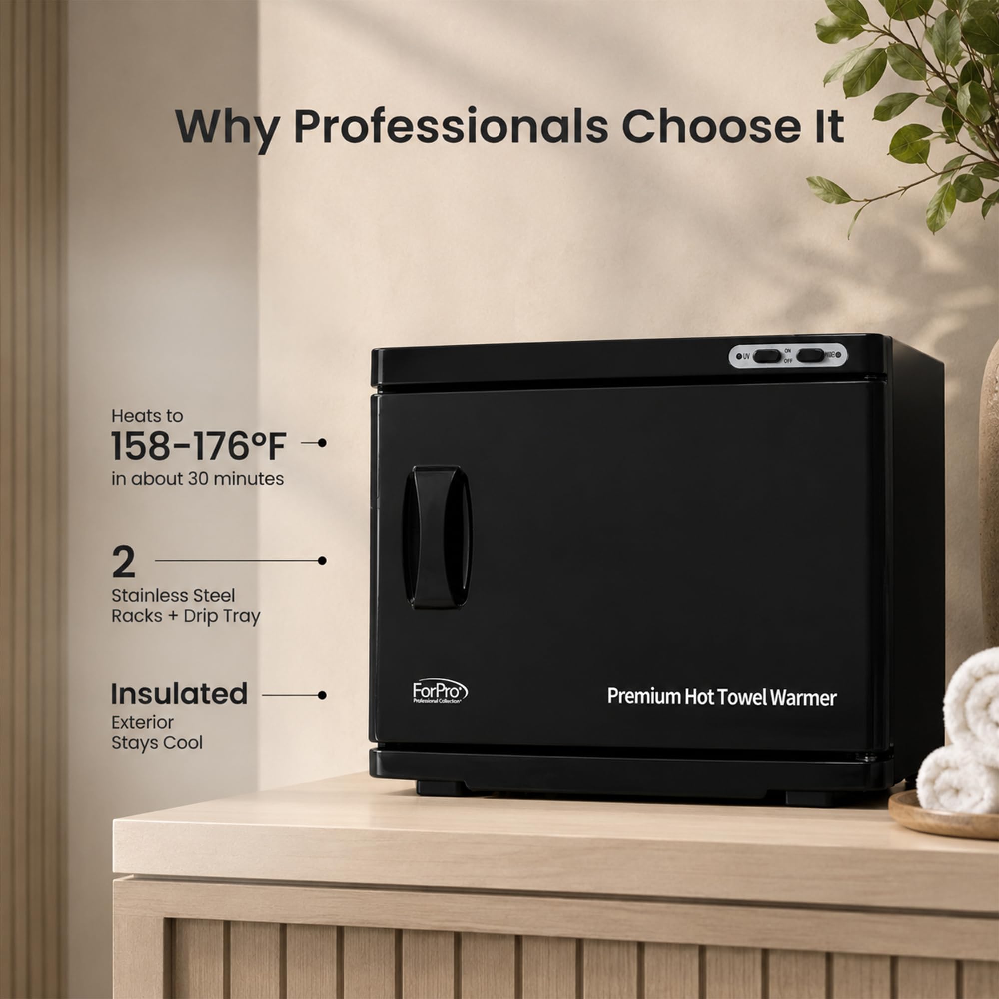 ForPro Professional Collection Calentador de toallas calientes de alta calidad, capacidad extra grande de 23 litros, dos estantes de acero inoxidable, color negro