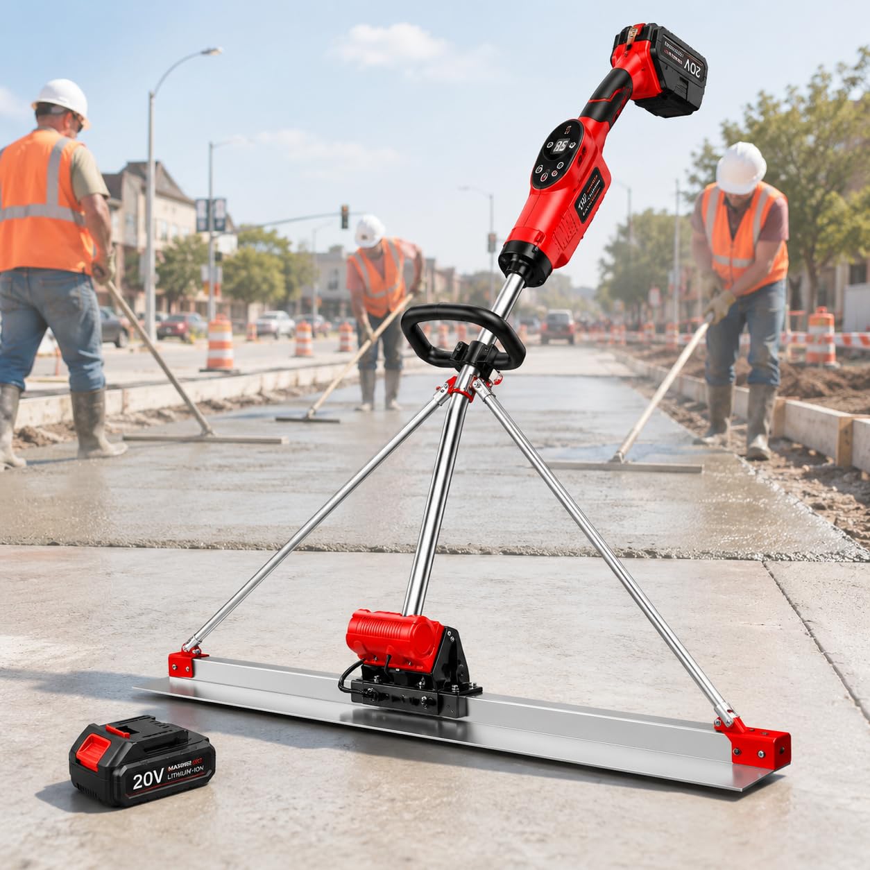Power Concrete Screed Vibratory Kit, 21v Battery Powered Leveling Tamper Ruler, 59in Stainless Board, 6000mah Large Battery2h- 3h Run Time, 6000rpm Max For Sidewalk Finishing singlebattery