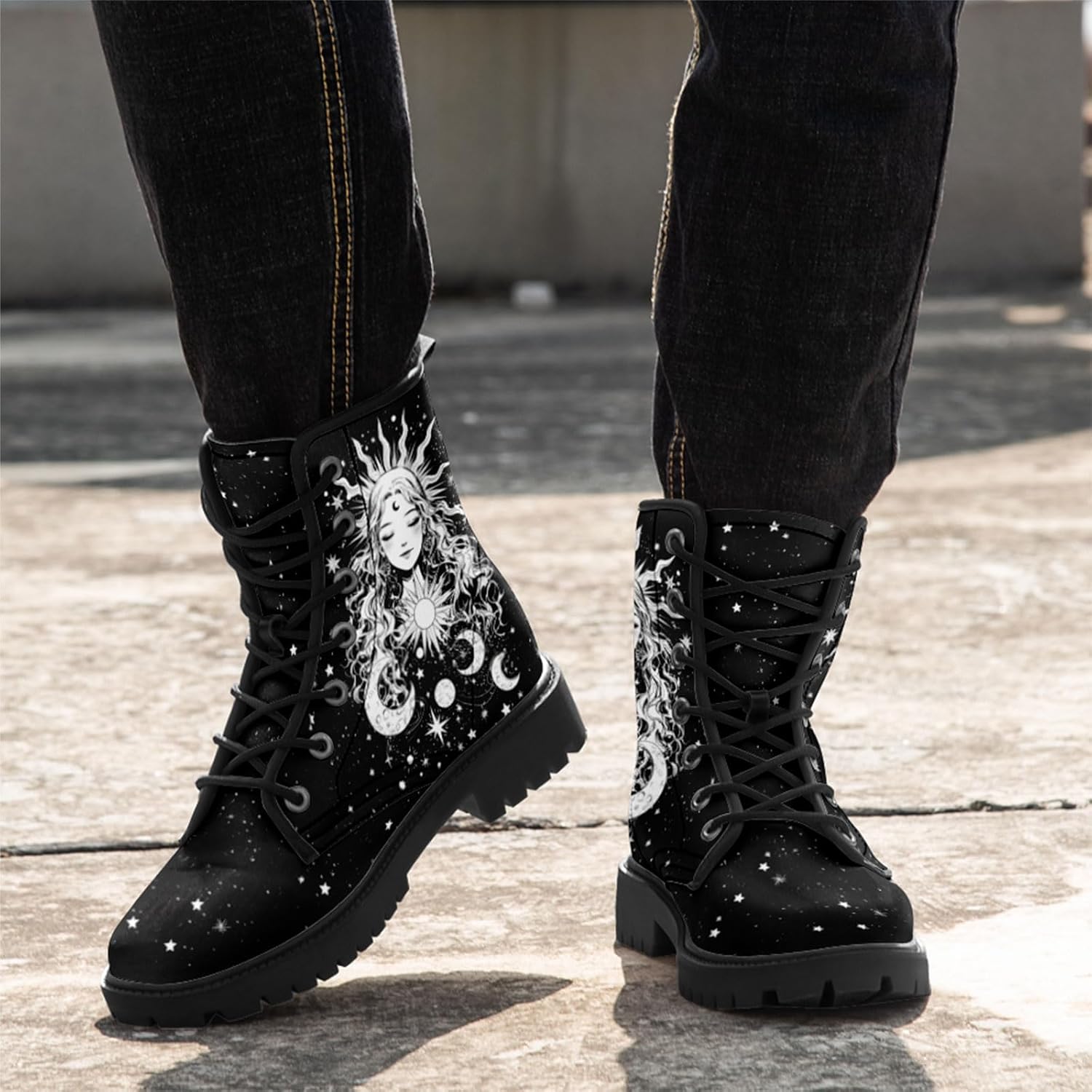 Sun and Moon Fashion Women's Ankle Boots Men's Platform Lace-up Leather Combat Booties Gift Winter Fall Dress Boots