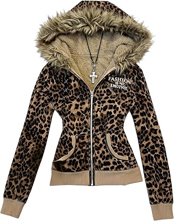 Y2K Grunge Leopard Fur Baggy Hoodie Women Animal Emo Gothic Zip Up Oversized 2000s Alt Gyaru Sweatshirt Clothes