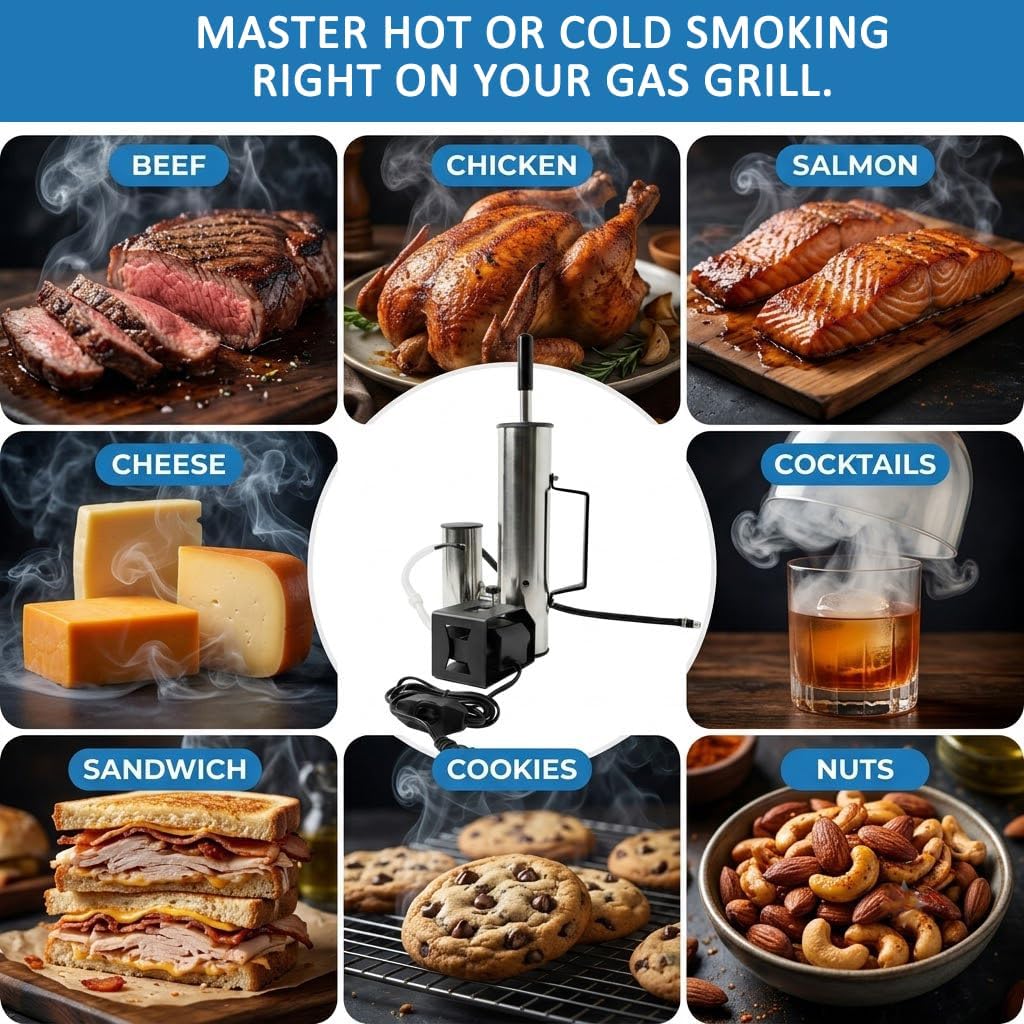 Cold Smoker Generator Electric Smoke Component for BBQ Grill | Stainless steel adjustable air pump flow, continuous smoke output, USB powered design, dual chamber tar filtration