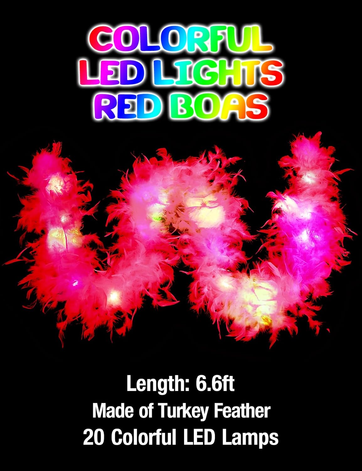 Colorful Feather Boas, 6.6ft Boa with 20 Color Lights for Women for Dancing Party Halloween,with Heart Sunglasses - Image 2