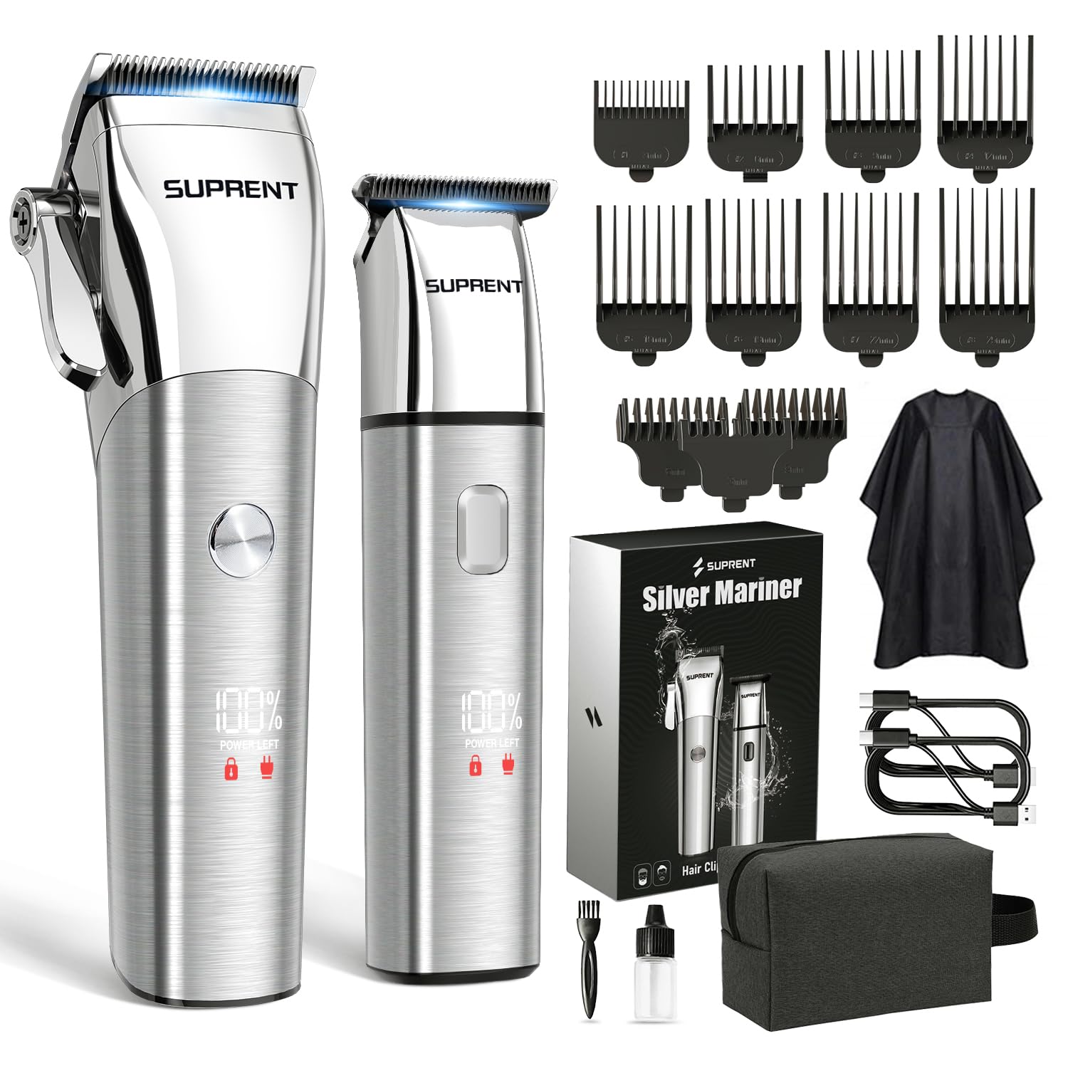 SUPRENT Hair Clippers For Men Waterproof - Professional Hair Clippers Set With Beard Trimmer Type-C Rechargeable, Cordless Clippers and Trimmers Set for Barbers (Silver)