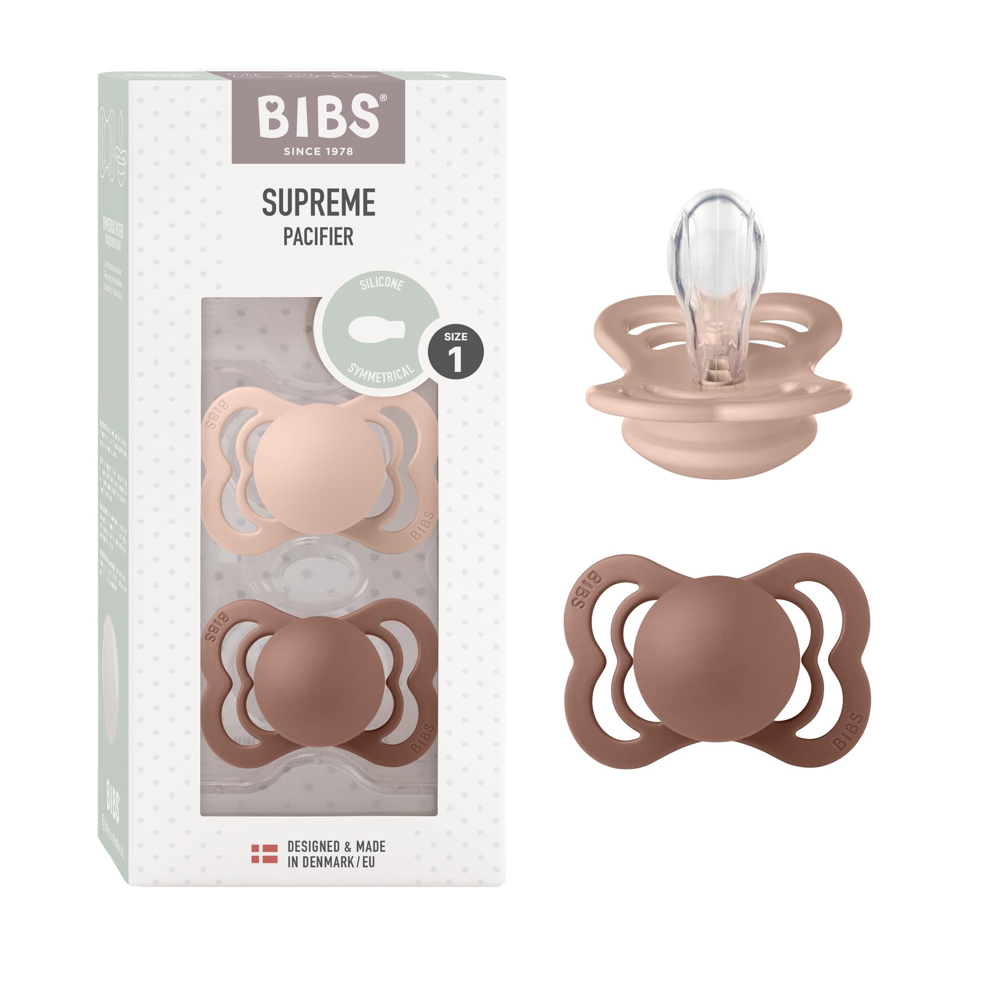 BIBS Supreme Soother 2-Pack, BPA Free Dummy Pacifier, Symmetrical Silicone, Size 1 (0-6 Months), Woodchuck/Blush